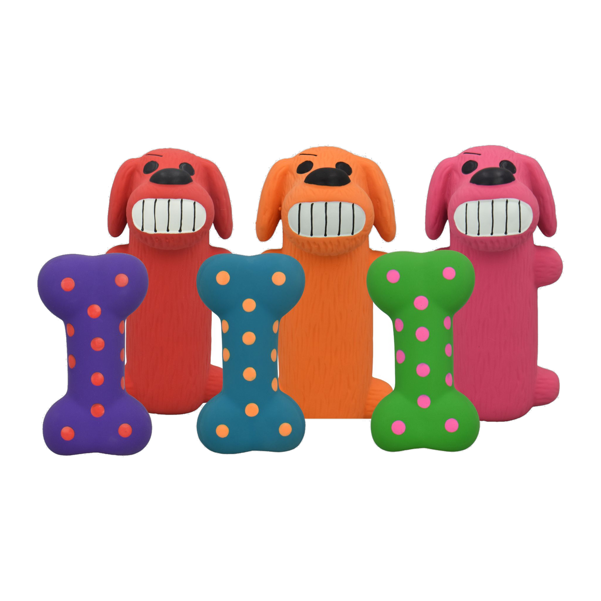 Multipet Minipet assorted latex Loofa dogs and polka dot bones in red orange pink purple teal and green