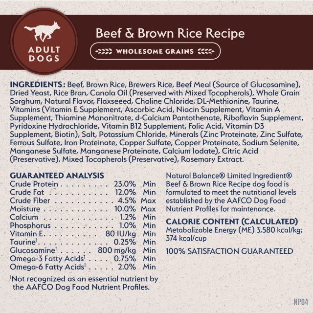 Natural Balance Limited Ingredient Beef & Brown Rice Recipe Dry Dog Food label panel listing ingredients, guaranteed analysis, and calorie content