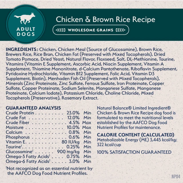 Natural Balance Limited Ingredient Chicken & Brown Rice Recipe Dry Dog Food label panel listing ingredients, guaranteed analysis, and calorie content