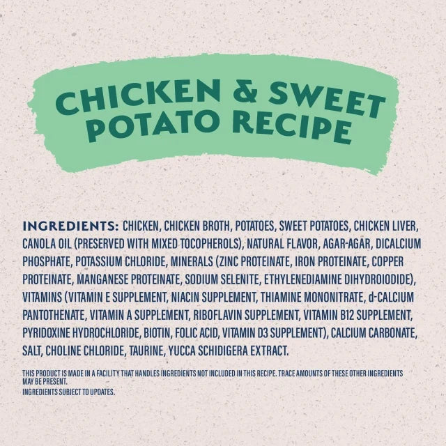 Natural Balance Limited Ingredient Grain Free Chicken & Sweet Potato Recipe Wet Dog Food label panel listing ingredients, guaranteed analysis, and calorie content