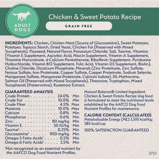 Natural Balance Limited Ingredient Grain Free Chicken & Sweet Potato Recipe Dry Dog Food label panel listing ingredients, guaranteed analysis, and calorie content