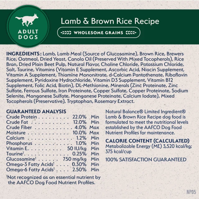 Natural Balance Limited Ingredient Lamb & Brown Rice Recipe Dry Dog Food label panel listing ingredients, guaranteed analysis, and calorie content