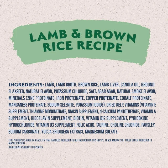 Natural Balance Limited Ingredient Lamb & Brown Rice Recipe Paté Wet Dog Food label panel listing ingredients, guaranteed analysis, and calorie content