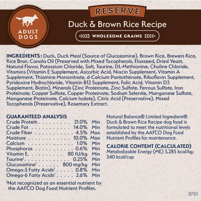 Natural Balance Limited Ingredient Reserve Duck & Brown Rice Recipe Dry Dog Food label panel listing ingredients, guaranteed analysis, and calorie content