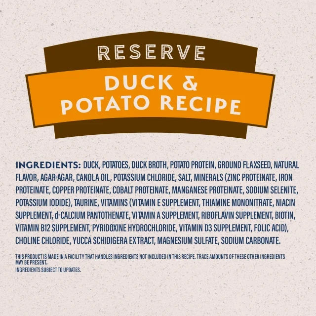Natural Balance Limited Ingredient Reserve Grain Free Duck & Potato Recipe Wet Dog Food label panel listing ingredients, guaranteed analysis, and calorie content
