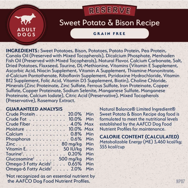 Natural Balance Limited Ingredient Reserve Grain Free Sweet Potato & Bison Recipe Dry Dog Food label panel listing ingredients, guaranteed analysis, and calorie content