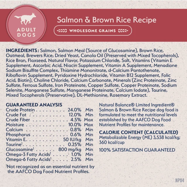 Natural Balance Limited Ingredient Salmon & Brown Rice Recipe Dry Dog Food label panel listing ingredients, guaranteed analysis, and calorie content