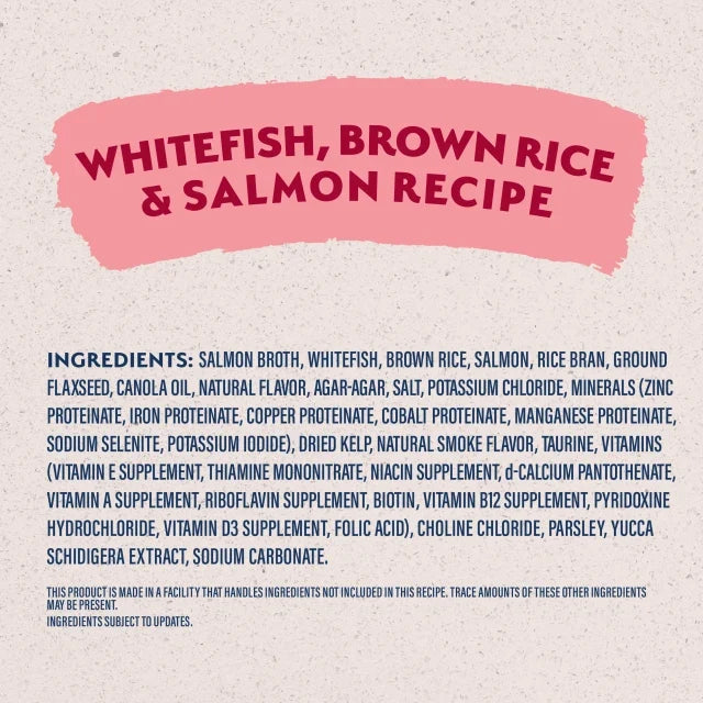 Natural Balance Limited Ingredient Whitefish, Brown Rice & Salmon Recipe Wet Dog Food label panel listing ingredients, guaranteed analysis, and calorie content