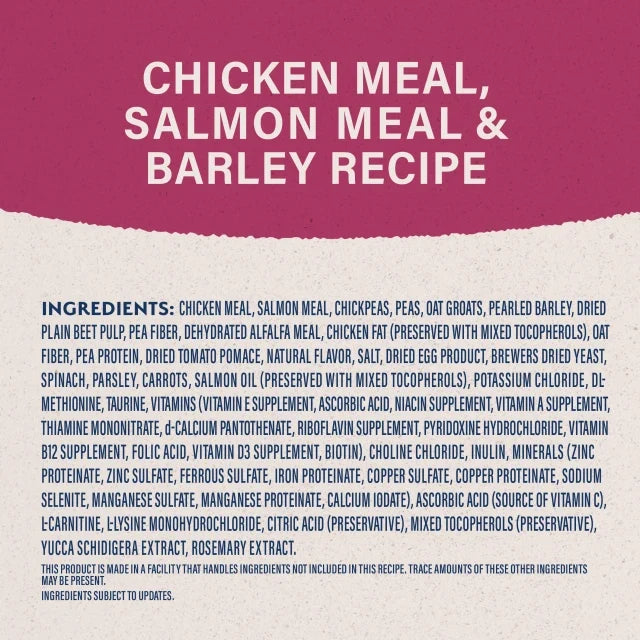 Natural Balance Fat Dogs Chicken Meal, Salmon Meal & Barley Low Calorie Dry Dog Food label panel listing ingredients, guaranteed analysis, and calorie content