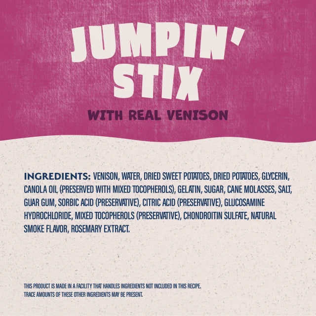 Natural Balance Rewards Jumpin' Stix With Real Venison Dog Treats label panel listing ingredients, guaranteed analysis, and calorie content