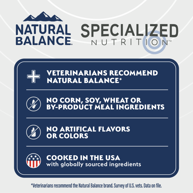 Natural Balance Specialized Nutrition benefits: veterinarian recommended, no corn, soy, wheat or by-product meals, no artificial flavors, cooked in the USA