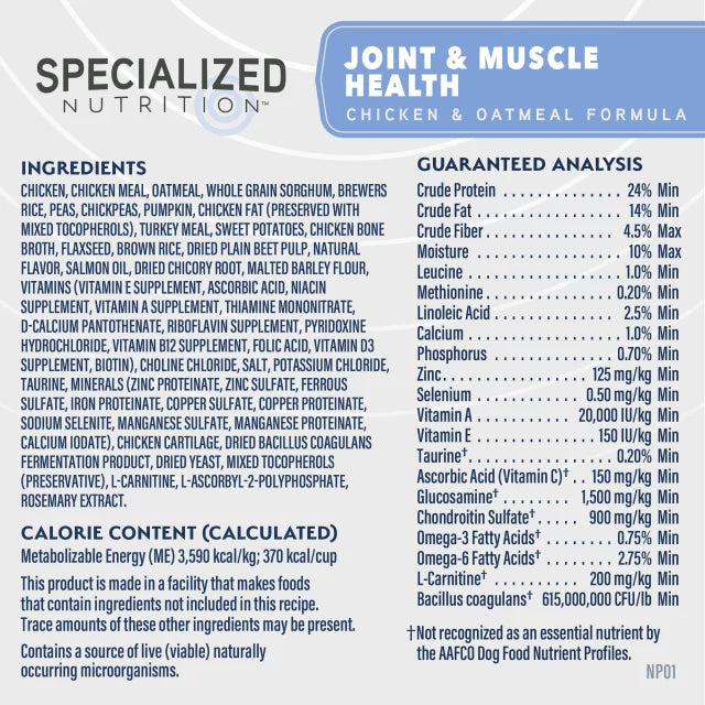 Natural Balance Specialized Nutrition Joint & Muscle Health Chicken & Oatmeal Formula Dry Dog Food label panel listing ingredients, guaranteed analysis, and calorie content