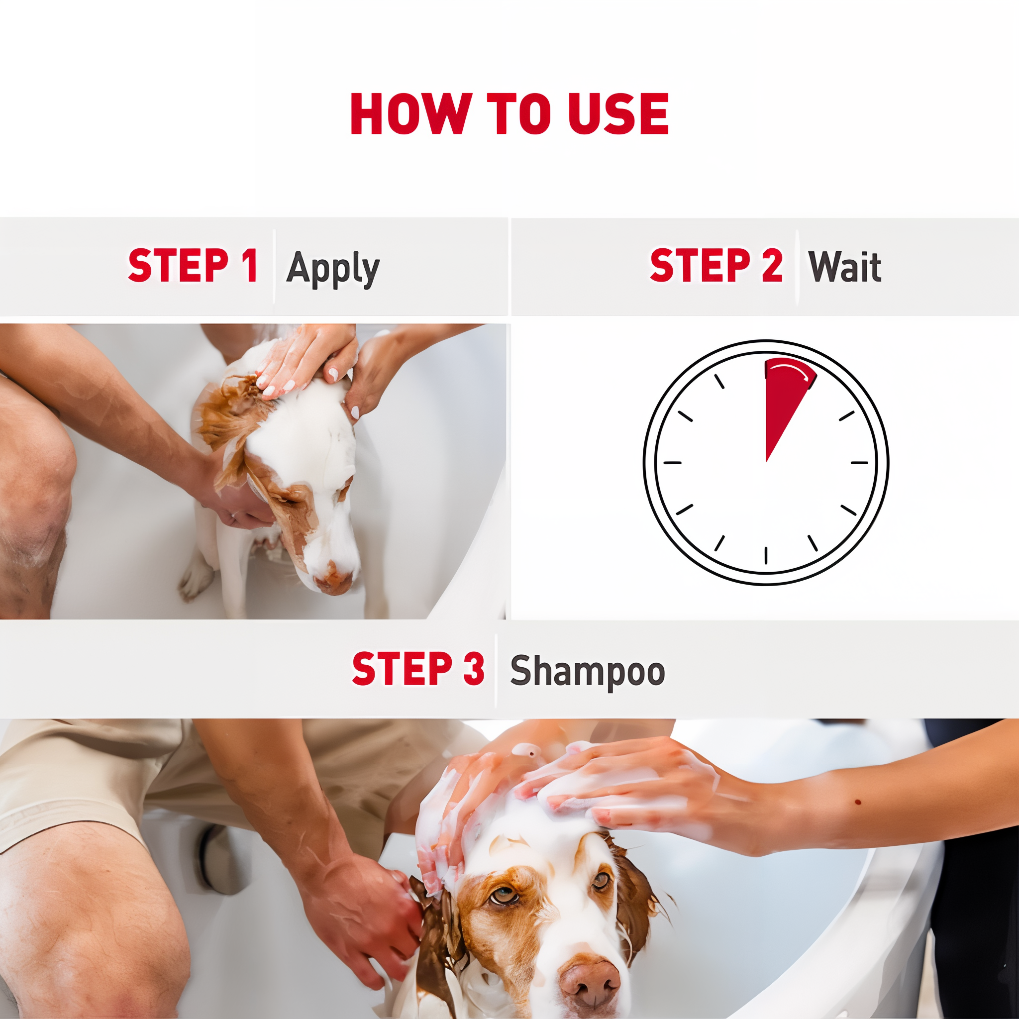How to use in three steps: apply to wet coat, wait, and shampoo