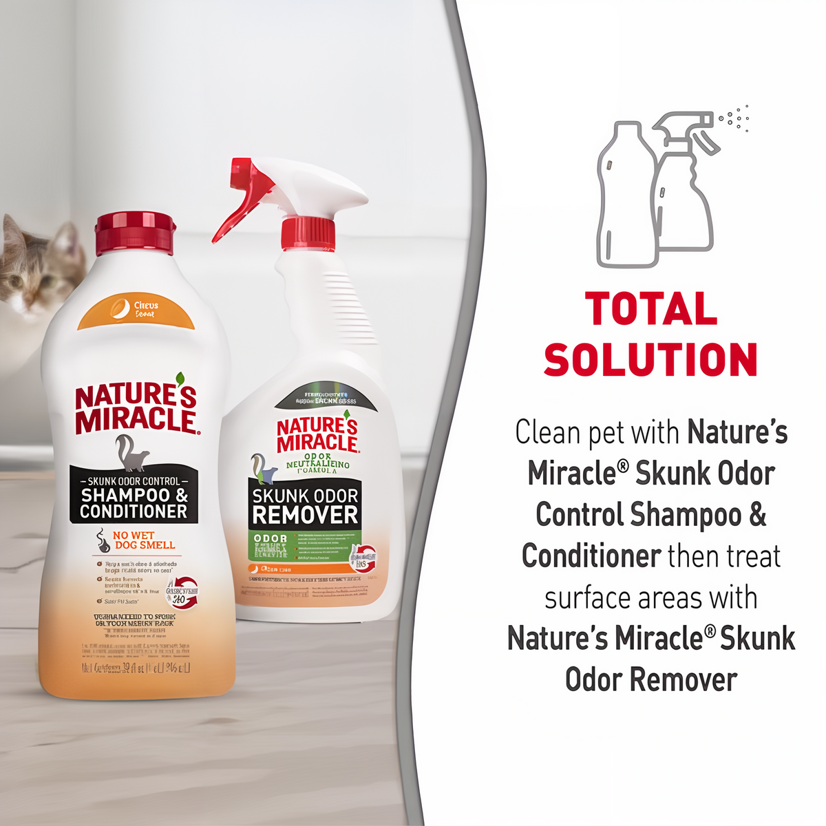 Total solution pairing Skunk Odor Control Shampoo with Skunk Odor Remover for surfaces