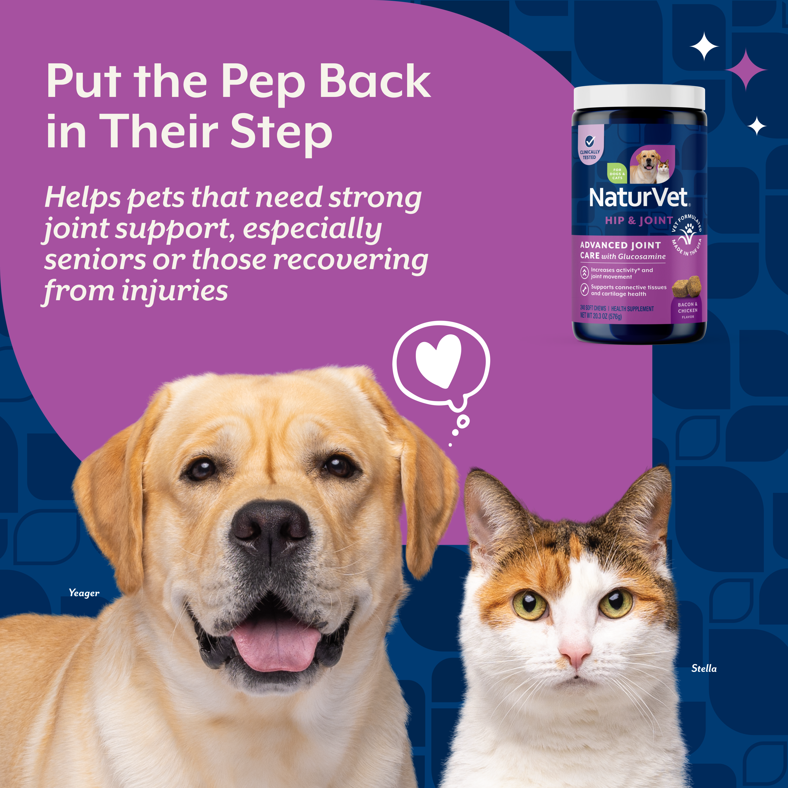 Dog and cat with the Advanced Joint Care jar and the claim that it helps pets needing strong joint support