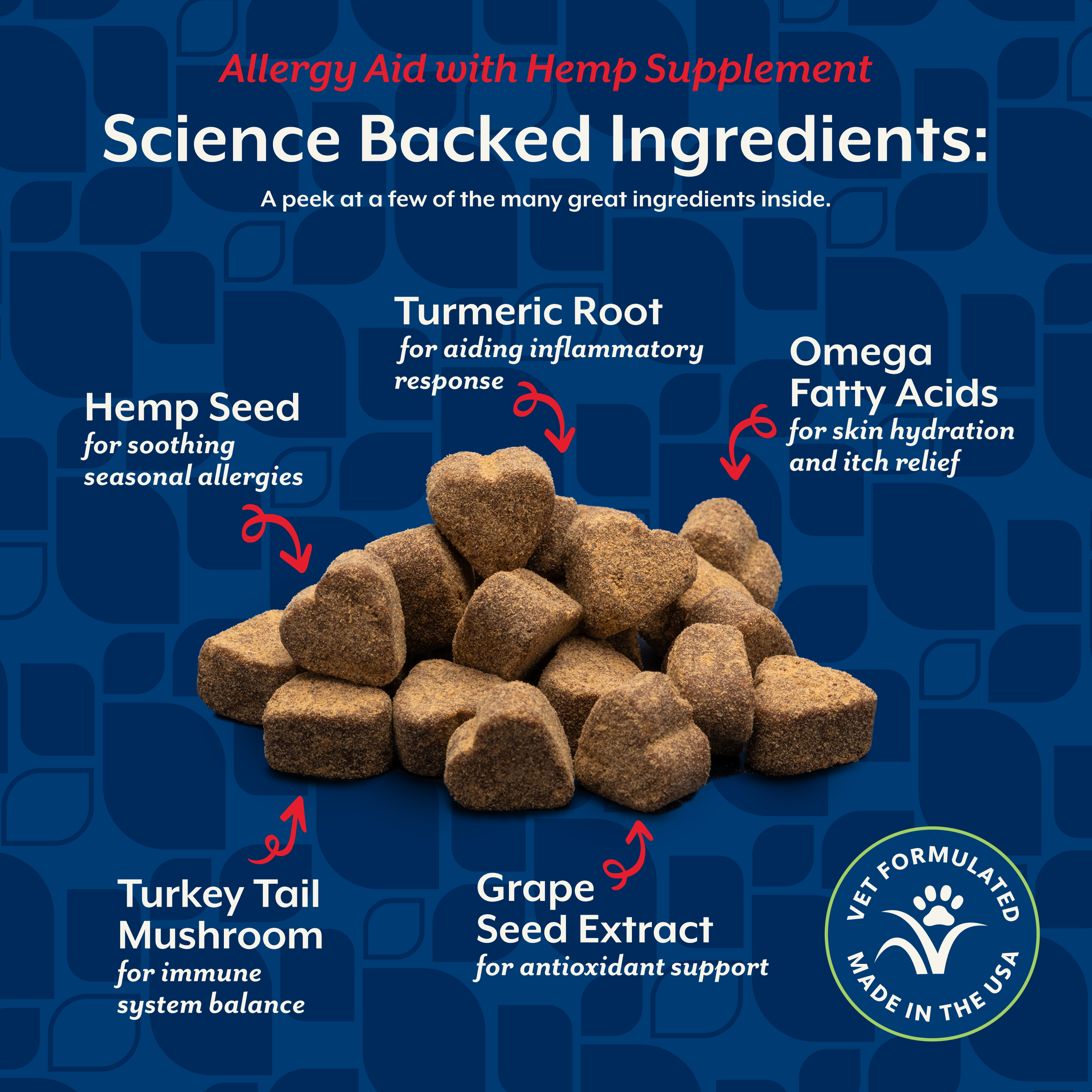 Science backed ingredients in Allergy Aid including hemp seed, turmeric root, omega fatty acids and turkey tail mushroom