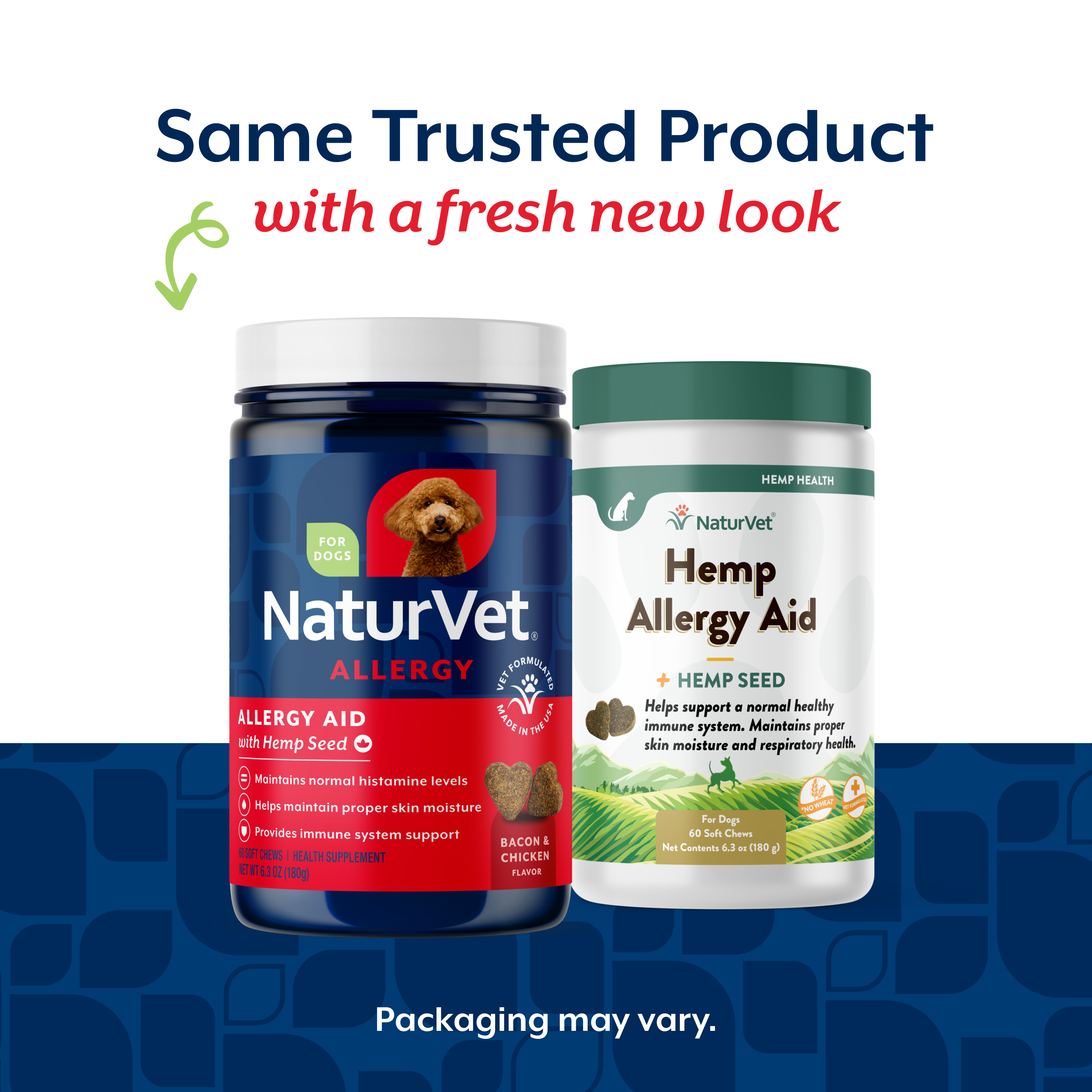 NaturVet Allergy Aid new packaging alongside the previous Hemp Allergy Aid jar