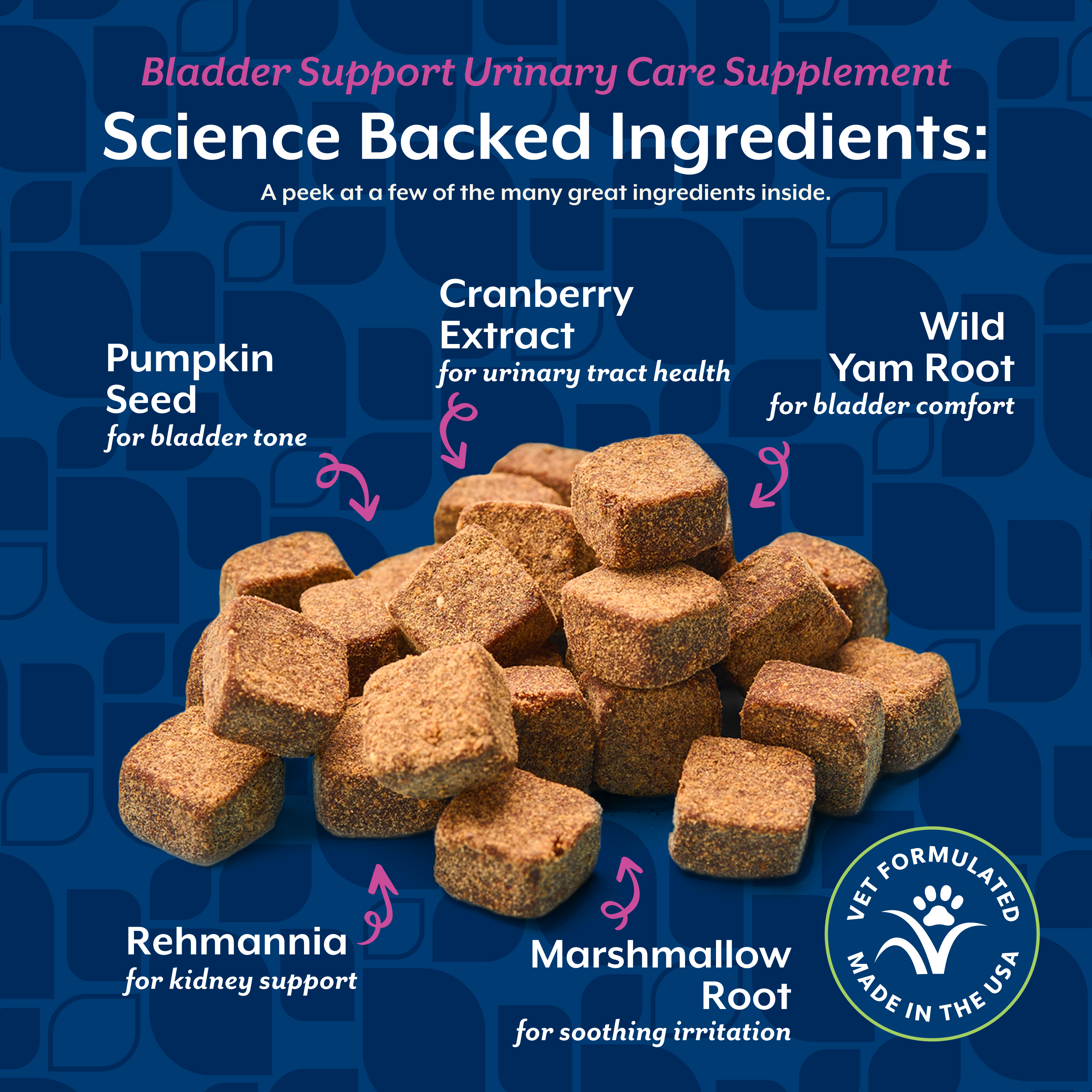 Science backed ingredients in Bladder Support including pumpkin seed, cranberry extract, wild yam root and rehmannia