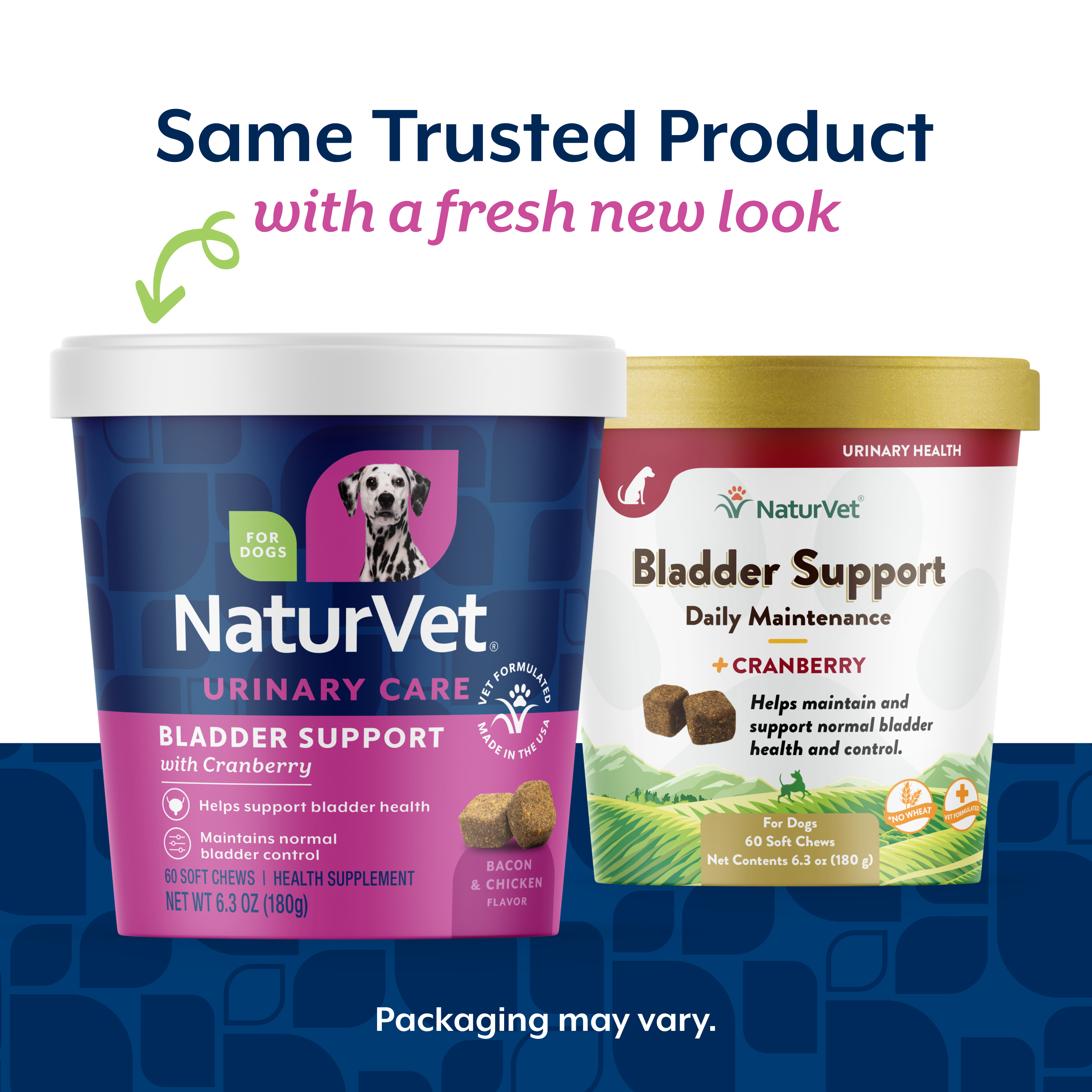 NaturVet Bladder Support new packaging alongside the previous Bladder Support Daily Maintenance tub