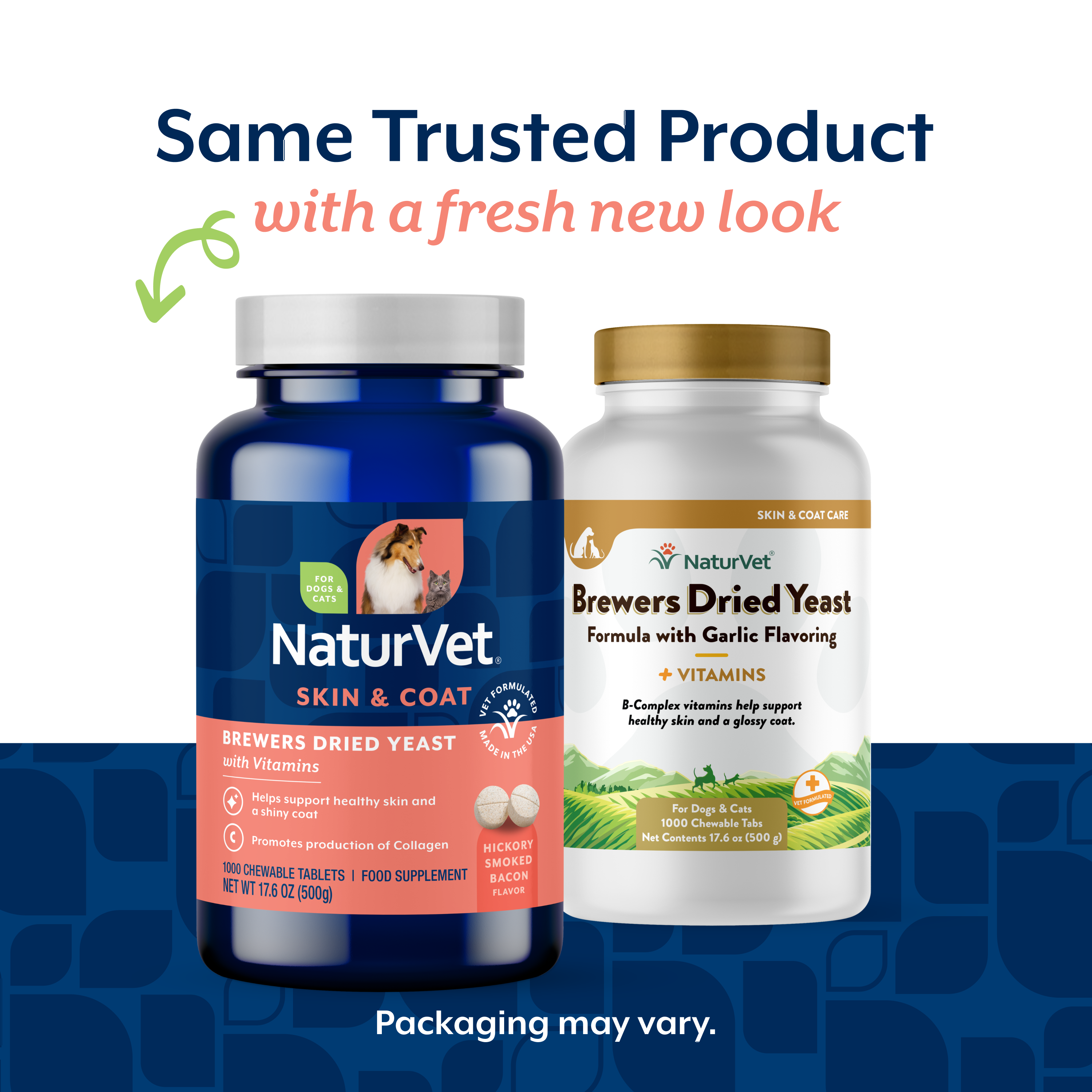 NaturVet Brewers Dried Yeast new packaging alongside the previous garlic flavoring bottle
