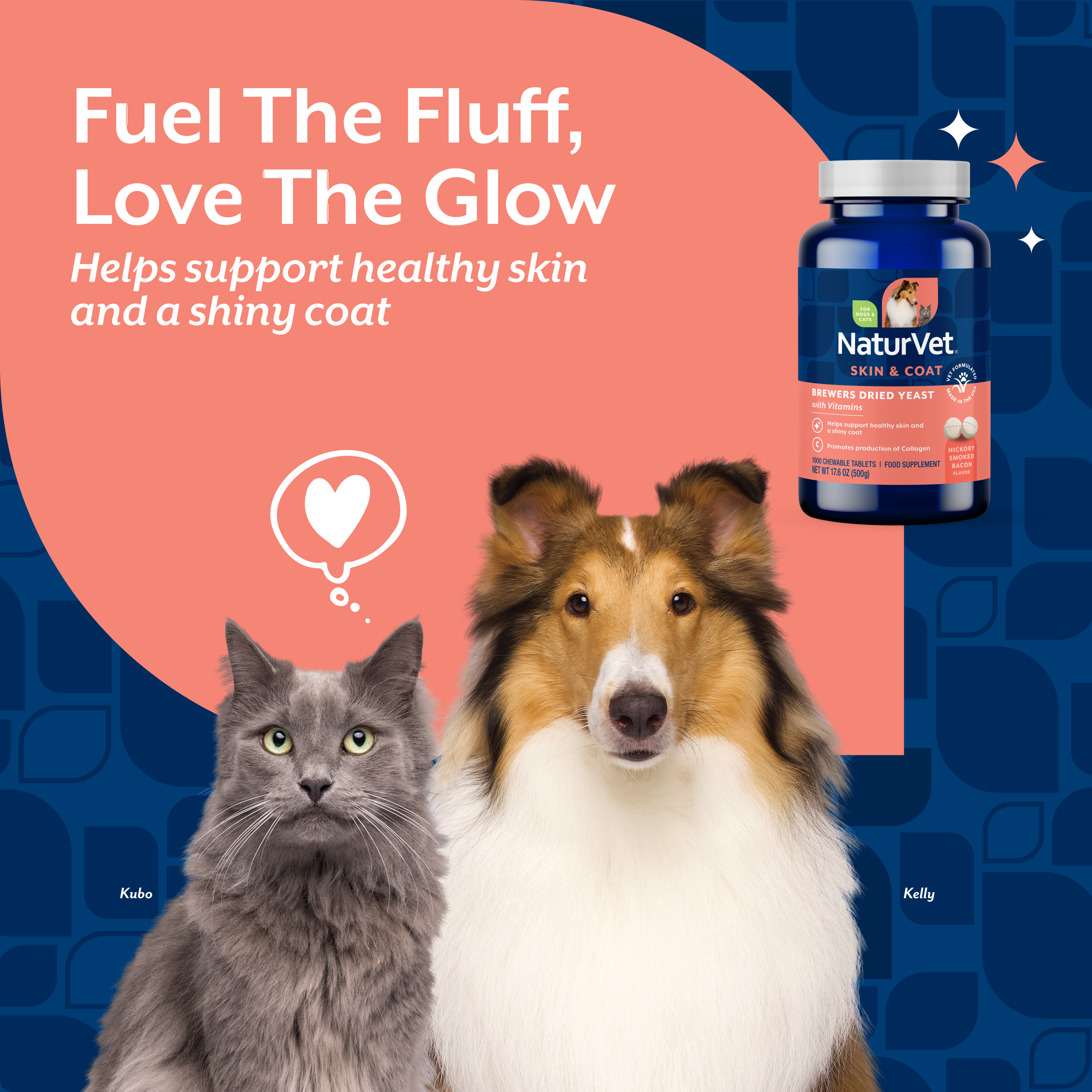 Cat and collie with the Brewers Dried Yeast bottle and the claim that it supports healthy skin and a shiny coat