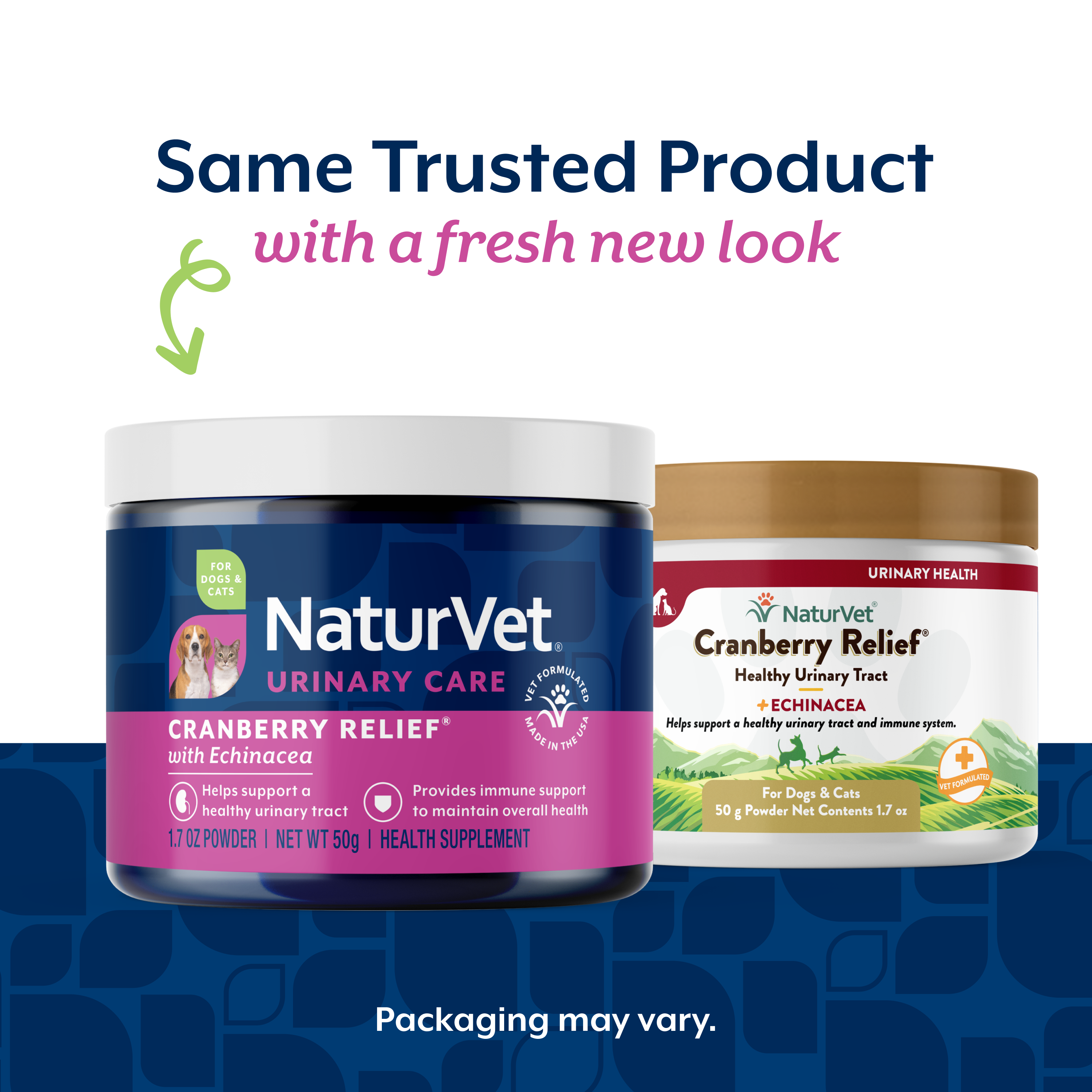 NaturVet Cranberry Relief powder new packaging alongside the previous Cranberry Relief jar