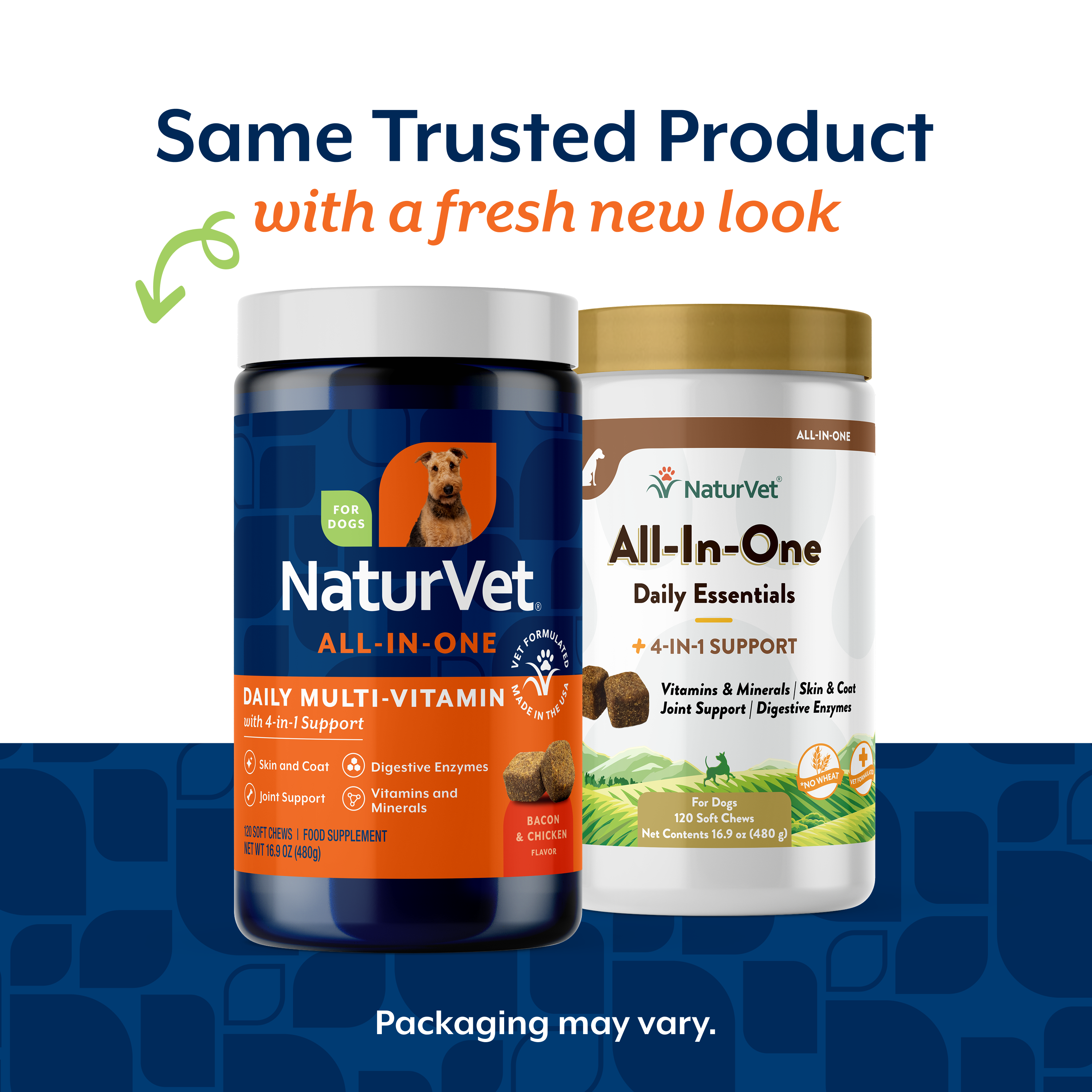 Same trusted product with a fresh new look, old All-In-One Daily Essentials and new Daily Multi-Vitamin packaging