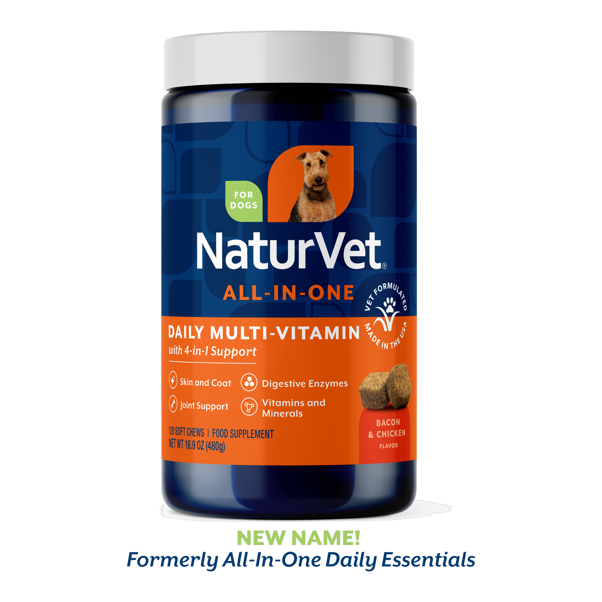 NaturVet Daily Multi-Vitamin Soft Chews for Dogs 120 count jar with 4-in-1 support