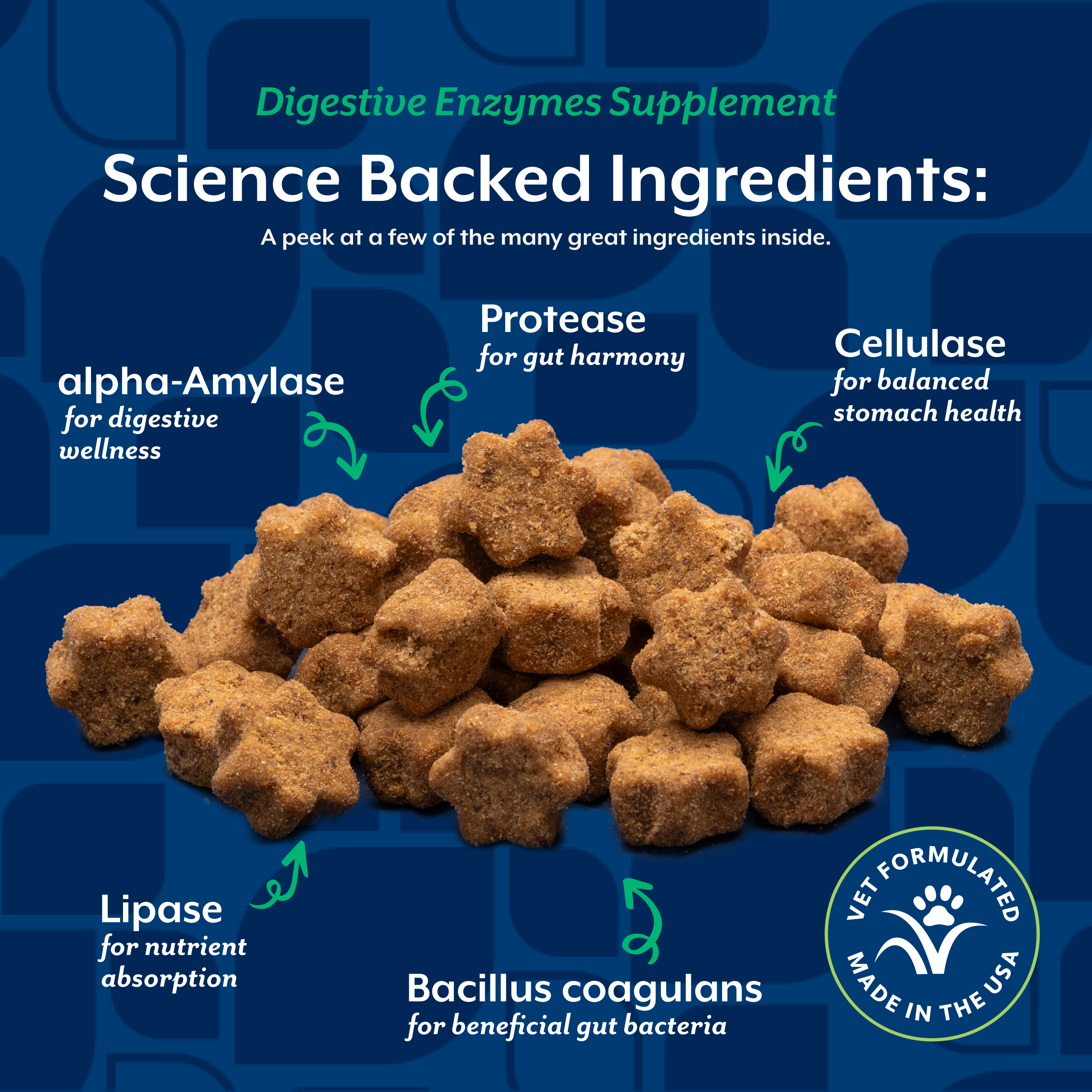 Science-backed ingredients panel showing alpha-amylase, protease, cellulase, lipase, and Bacillus coagulans in the soft chews