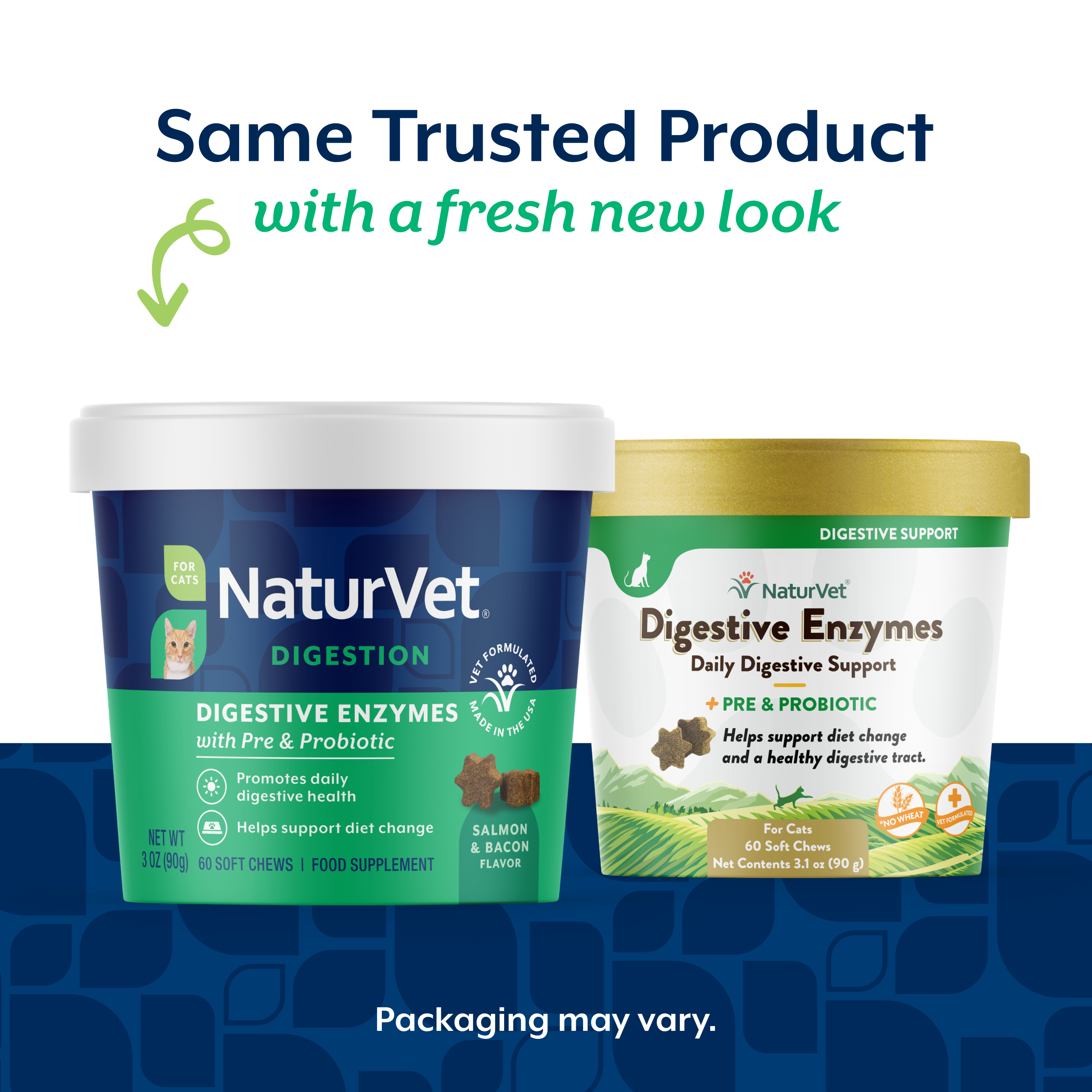 Same trusted NaturVet digestive enzymes formula with a fresh new look, old and new packaging