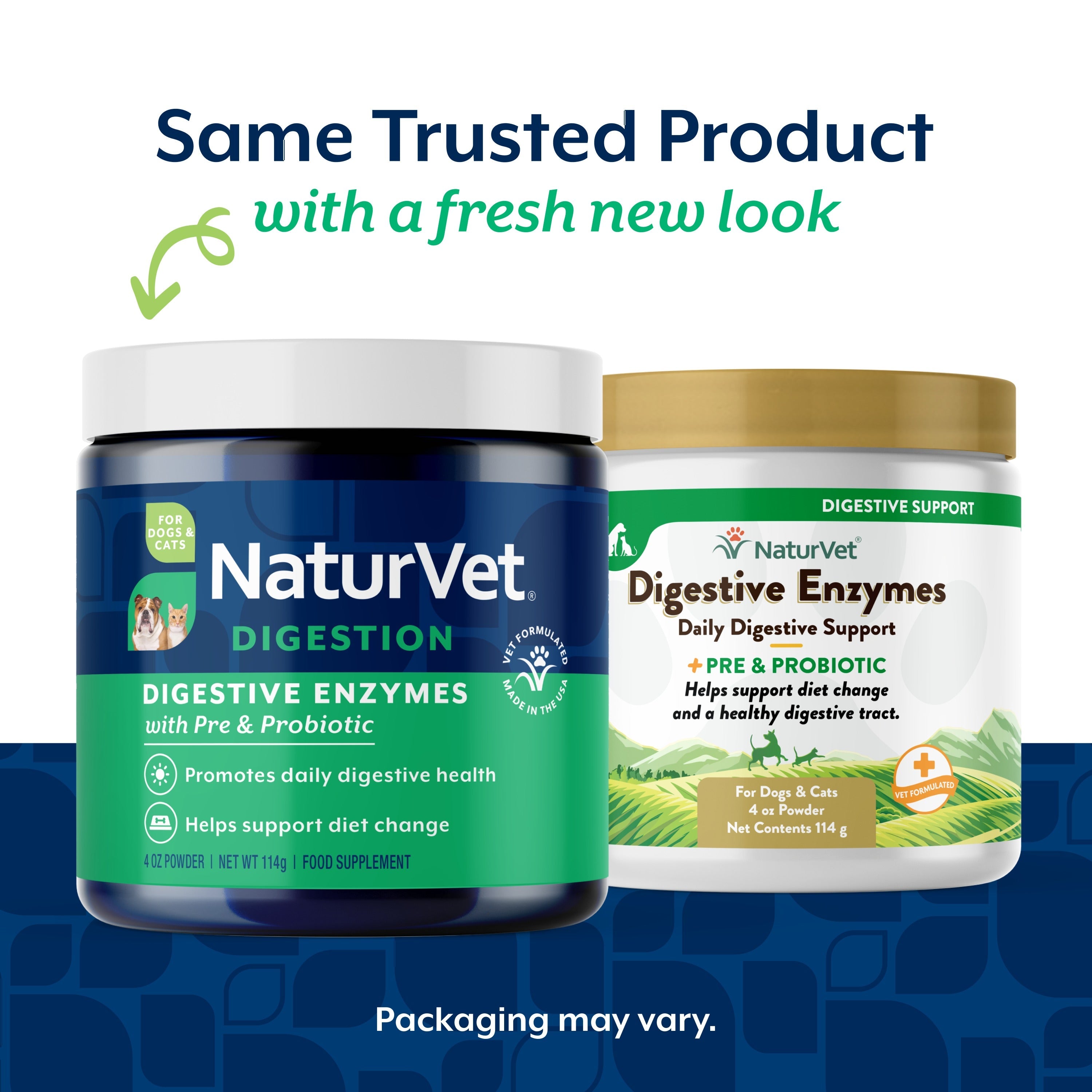 NaturVet Digestive Enzymes Powder for dogs and cats — same trusted formula in a fresh new label