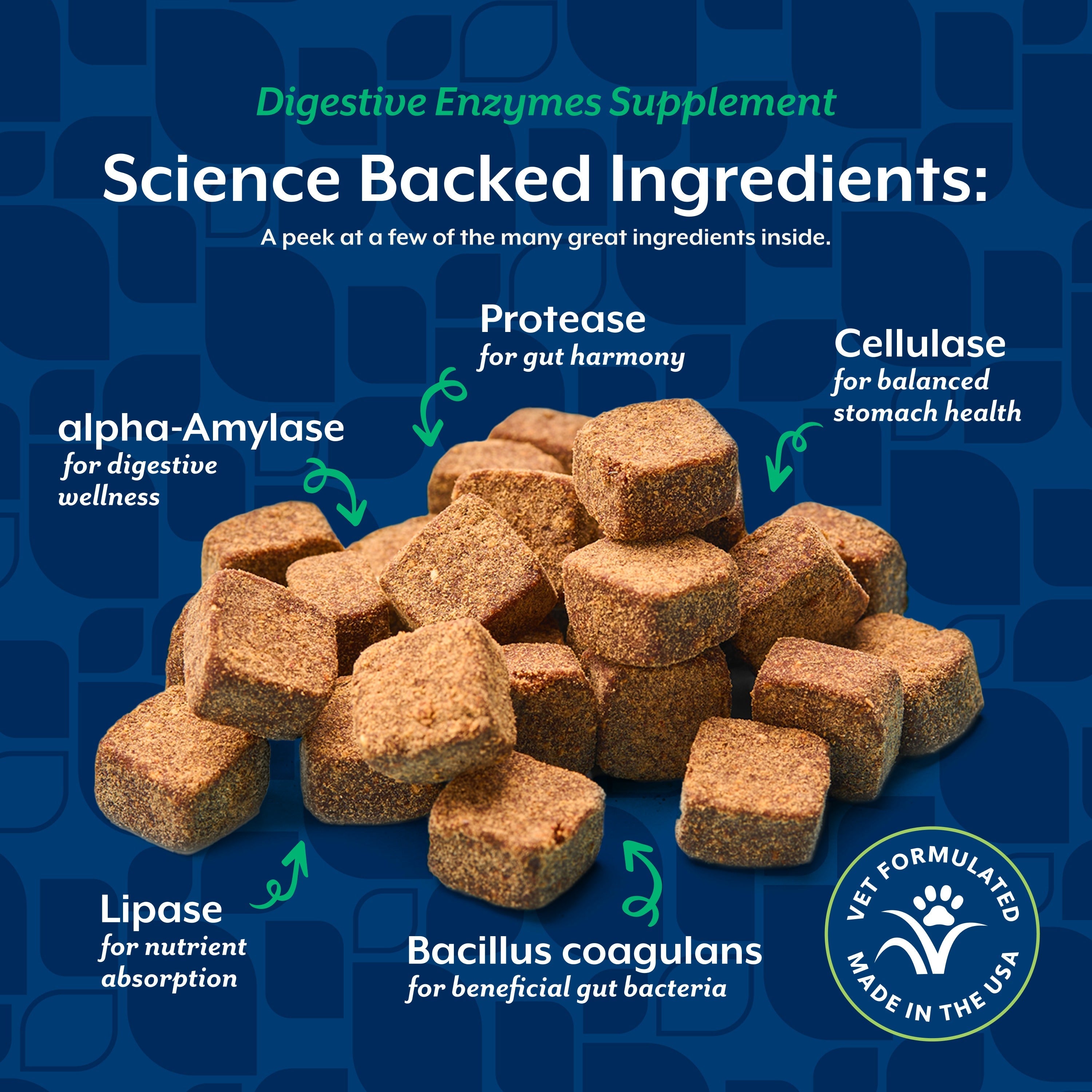 NaturVet Digestive Enzymes Soft Chews for dogs — science-backed ingredients including amylase, protease, cellulase, lipase, and Bacillus coagulans