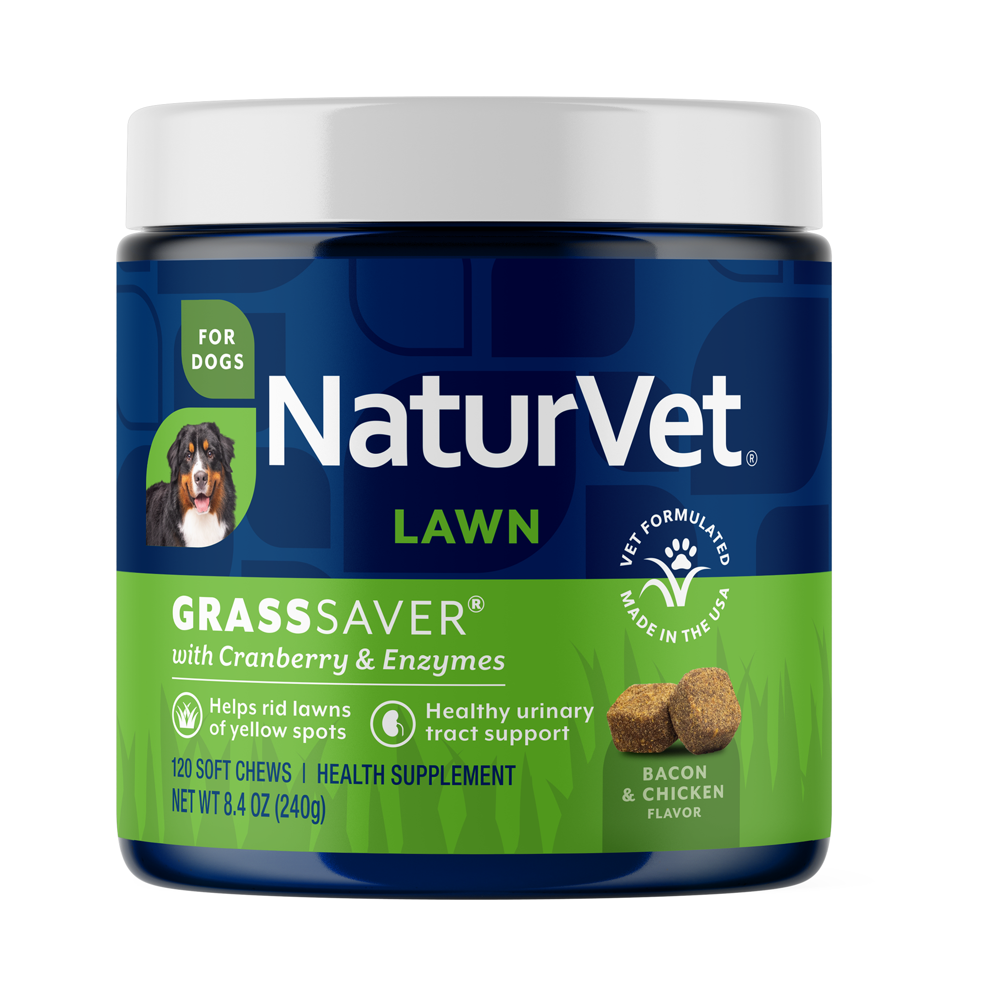 120 count jar of NaturVet GrassSaver Soft Chews with cranberry and enzymes for dogs