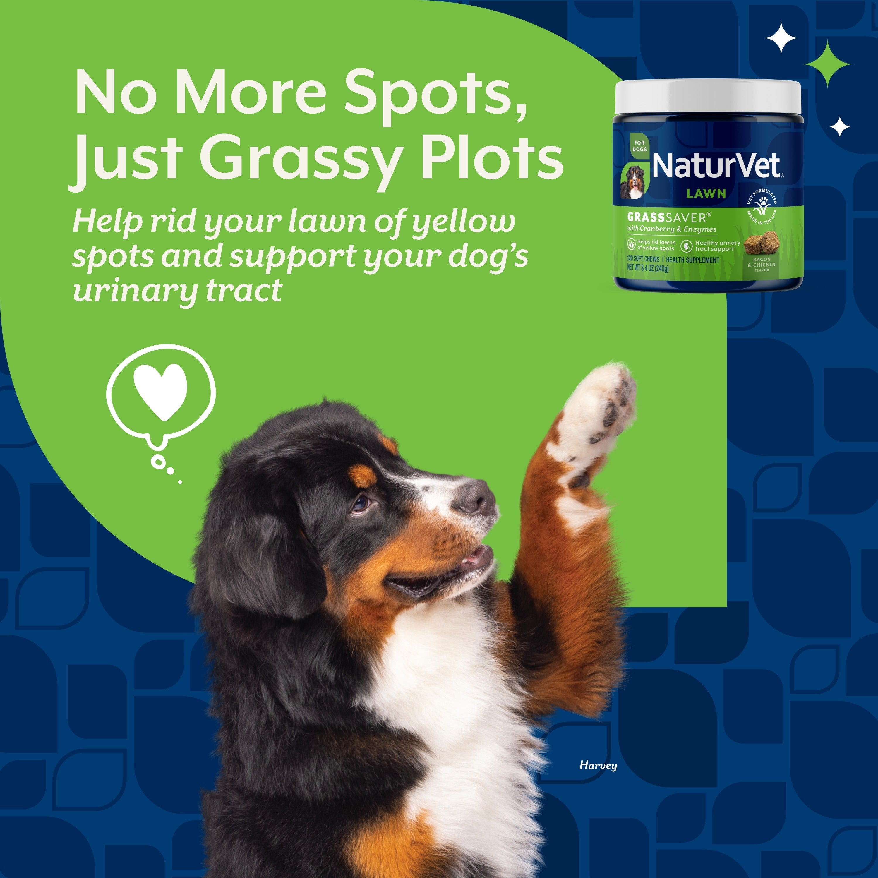 NaturVet GrassSaver Soft Chews for dogs — helps rid your lawn of yellow spots and supports your dog's urinary tract