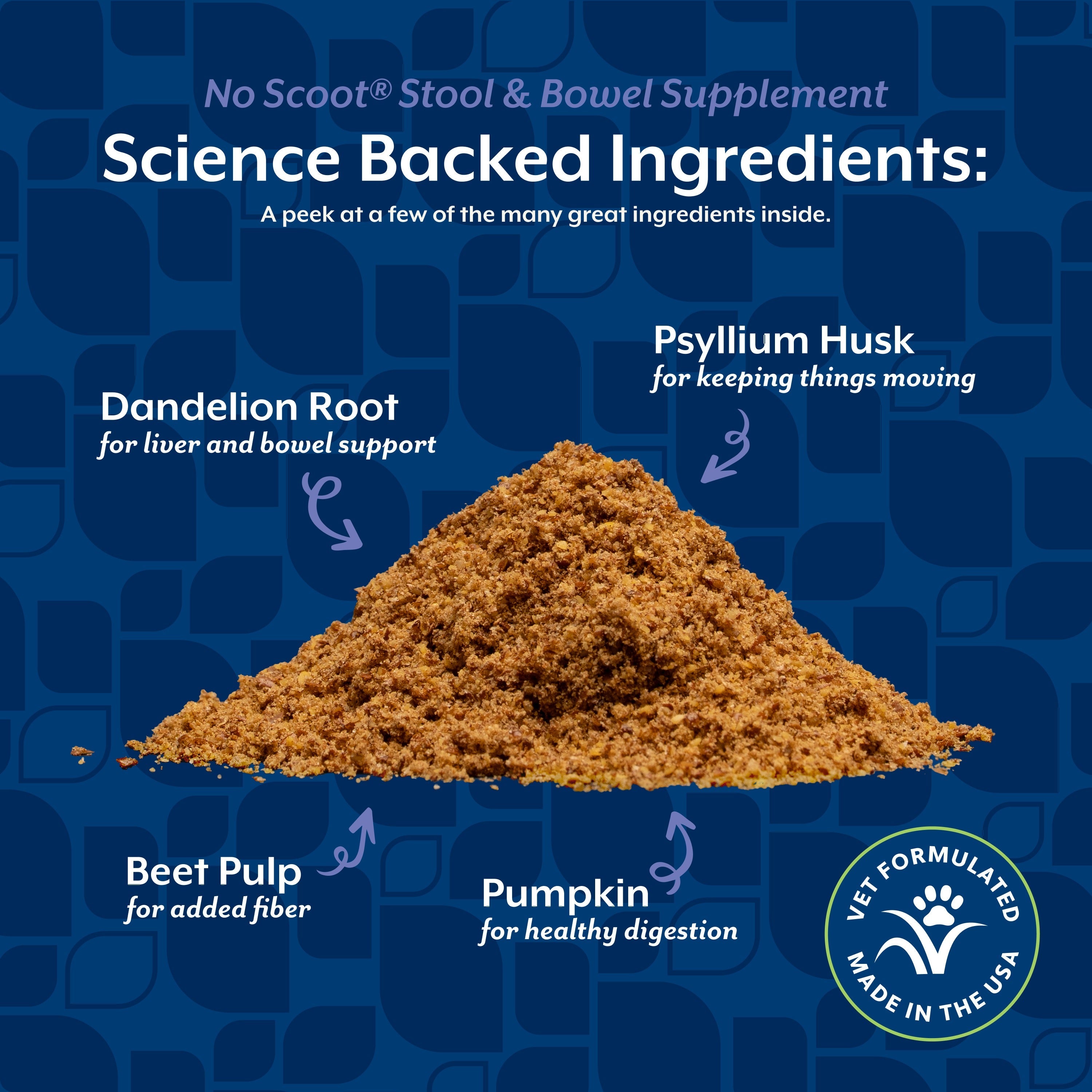 NaturVet No Scoot Powder for dogs — science-backed ingredients including psyllium husk, dandelion root, beet pulp, and pumpkin