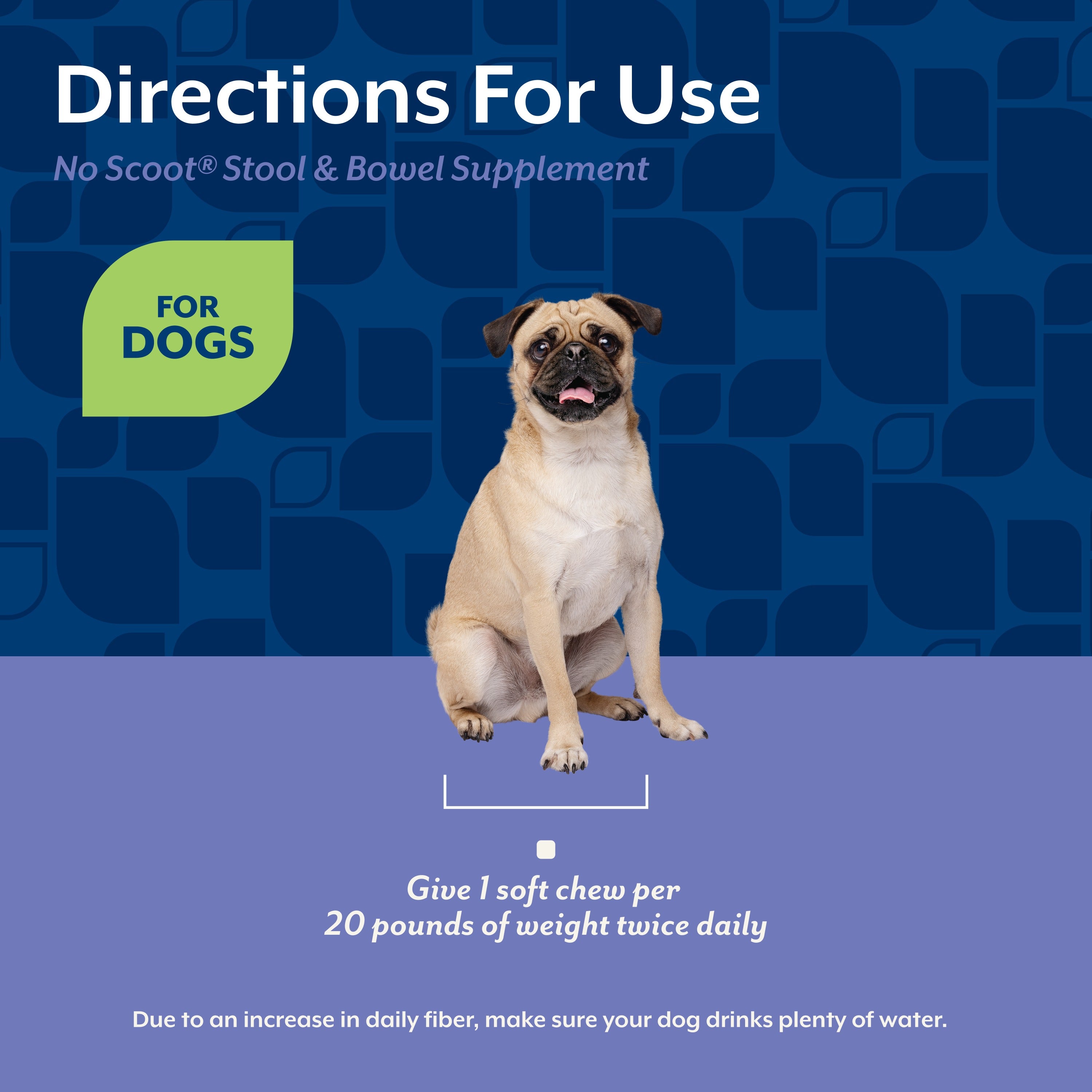 NaturVet No Scoot Soft Chews for dogs — directions for use, one soft chew per 20 pounds of body weight twice daily