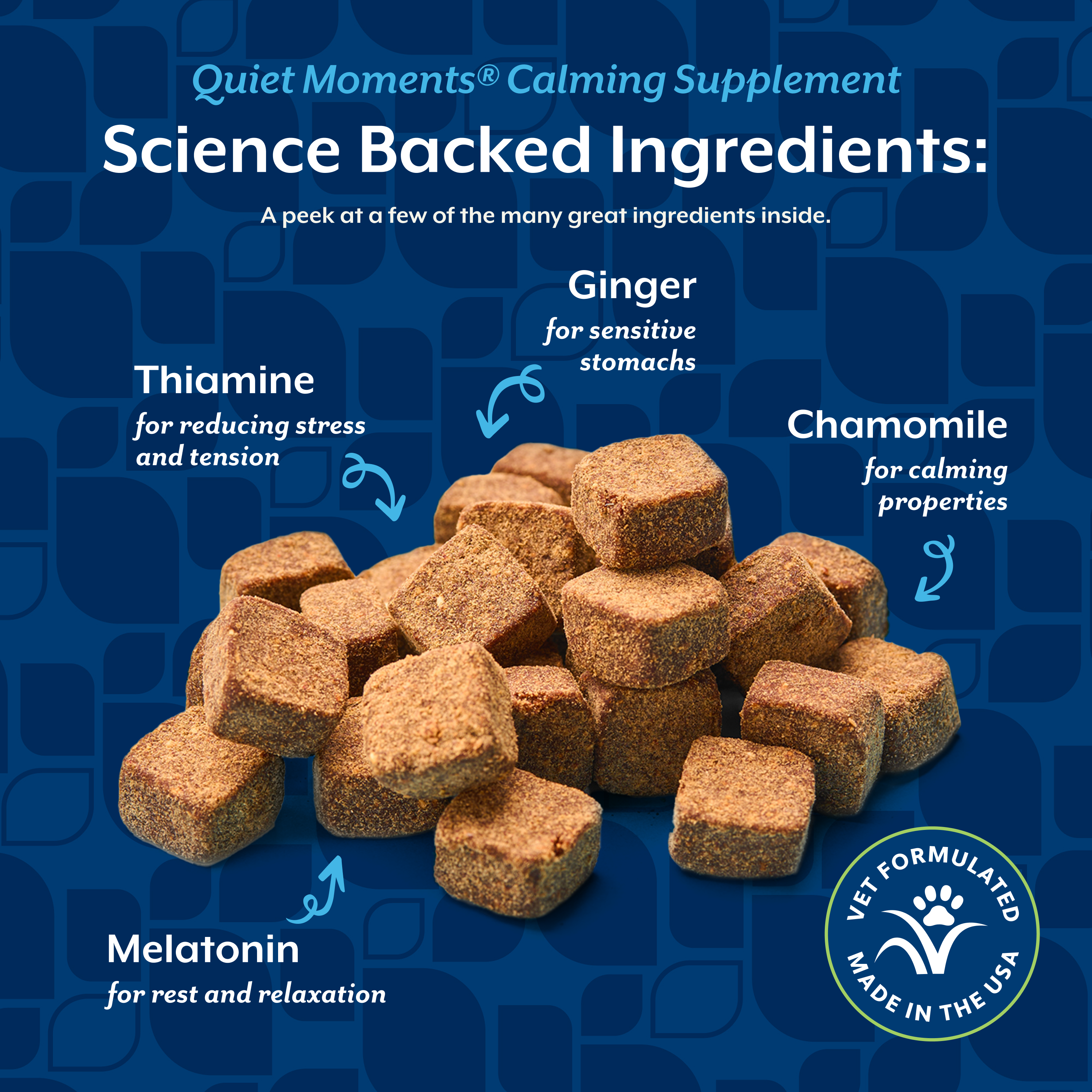 Science backed ingredients in Quiet Moments including melatonin, thiamine, ginger and chamomile