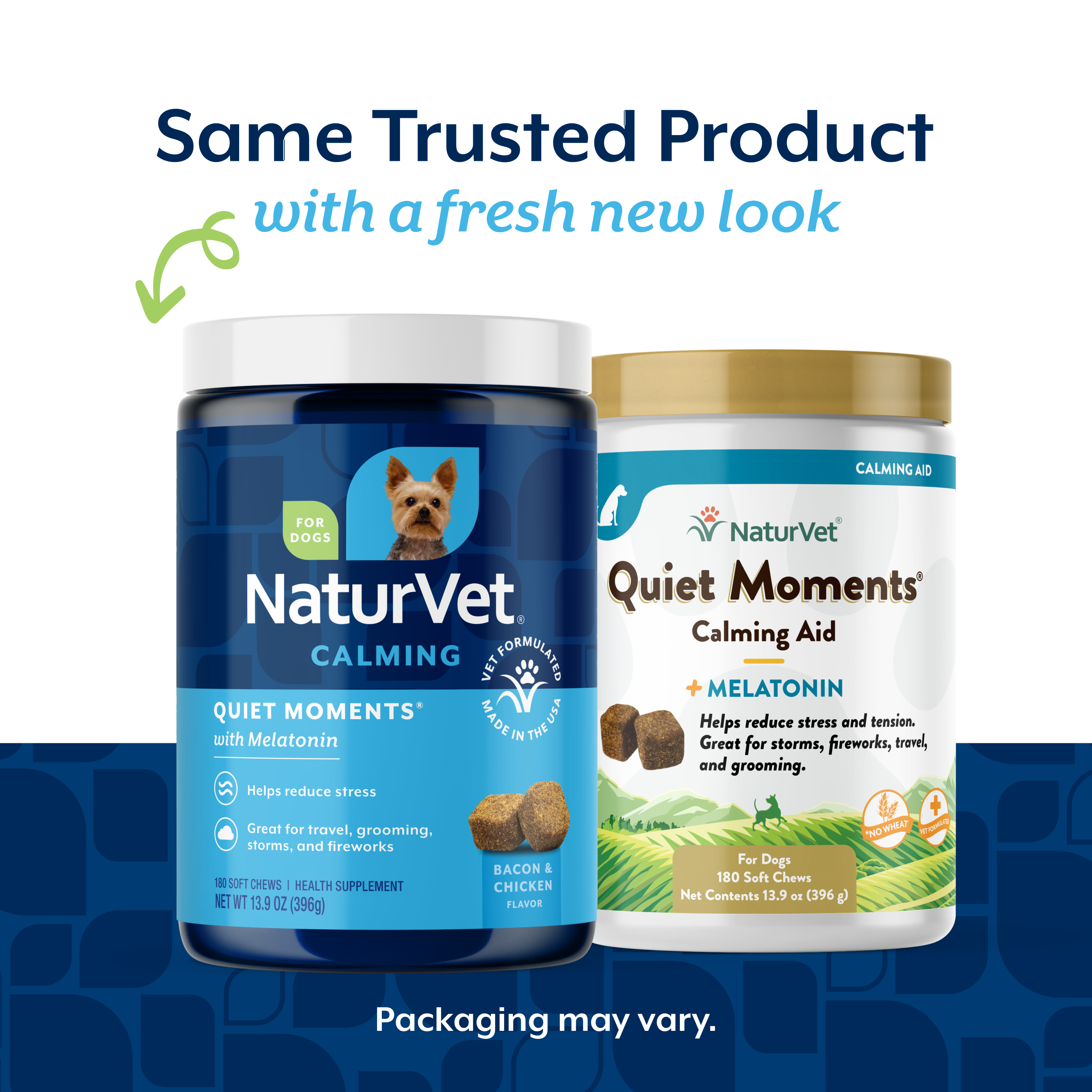 NaturVet Quiet Moments 13.9 oz jar new packaging alongside the previous Calming Aid jar