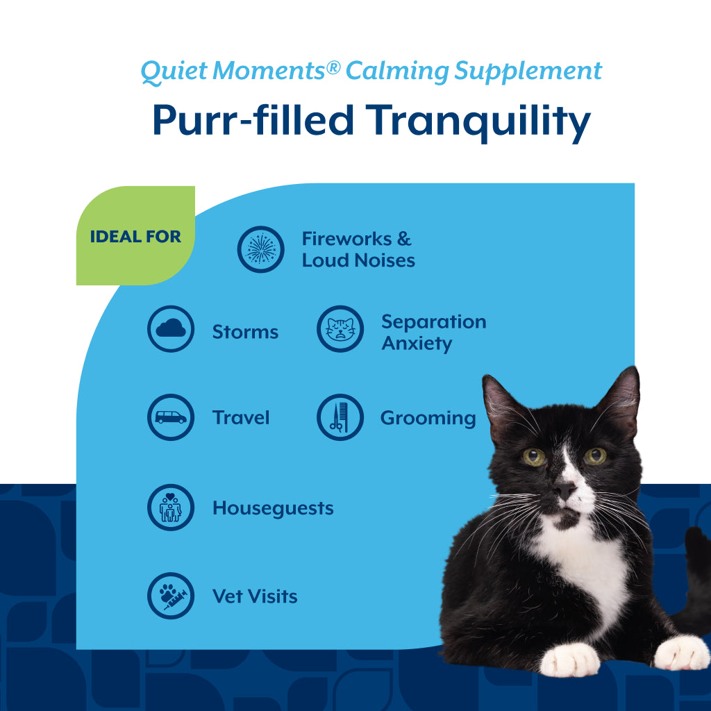 Chart showing Quiet Moments for cats is ideal for fireworks, storms, travel, grooming, houseguests and vet visits