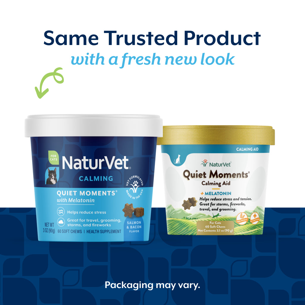 NaturVet Quiet Moments for cats new packaging alongside the previous Calming Aid tub