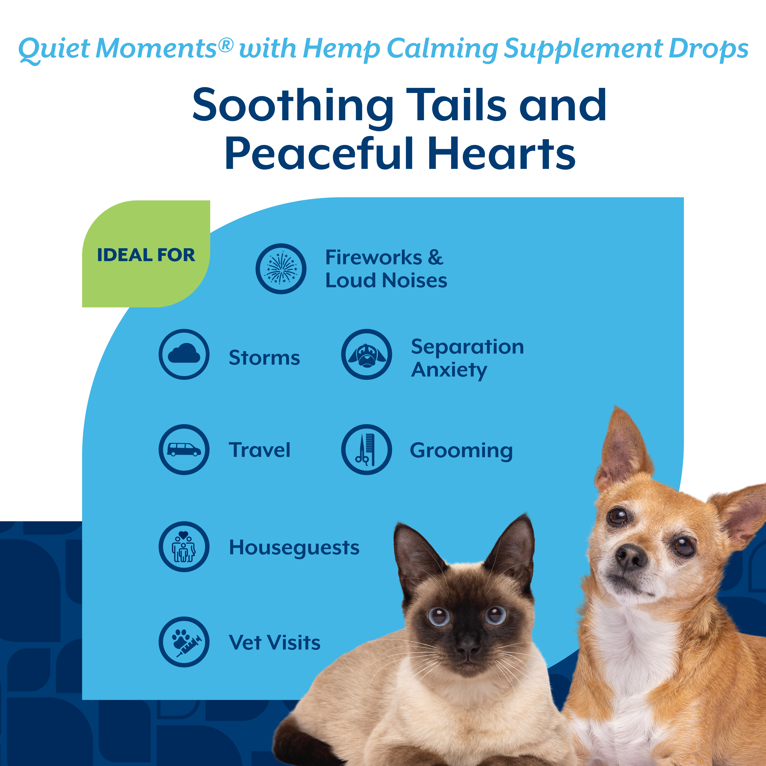 Chart showing the calming drops are ideal for fireworks, storms, travel, grooming, houseguests and vet visits
