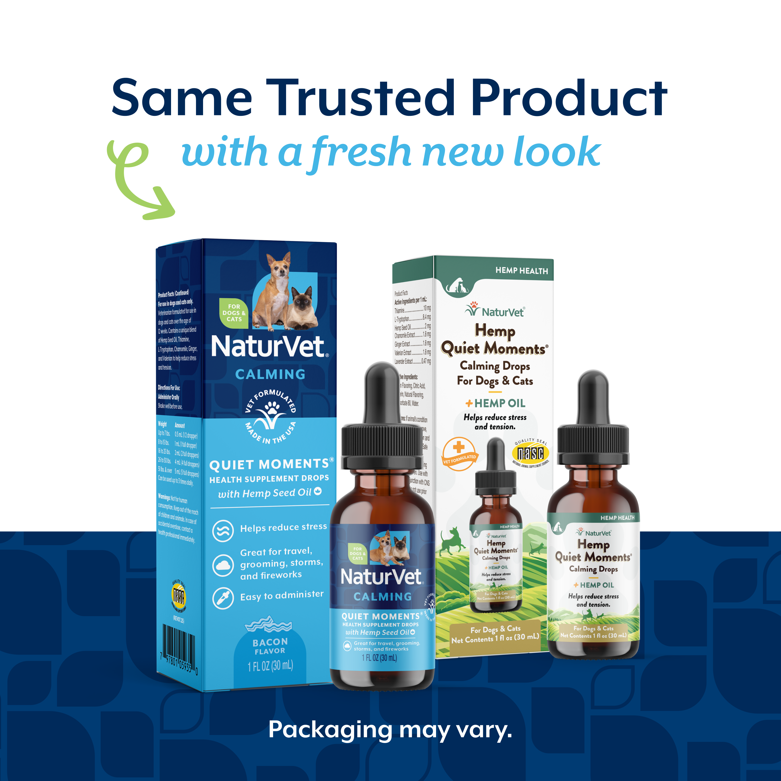 NaturVet Quiet Moments calming drops new packaging alongside the previous Hemp Quiet Moments bottles