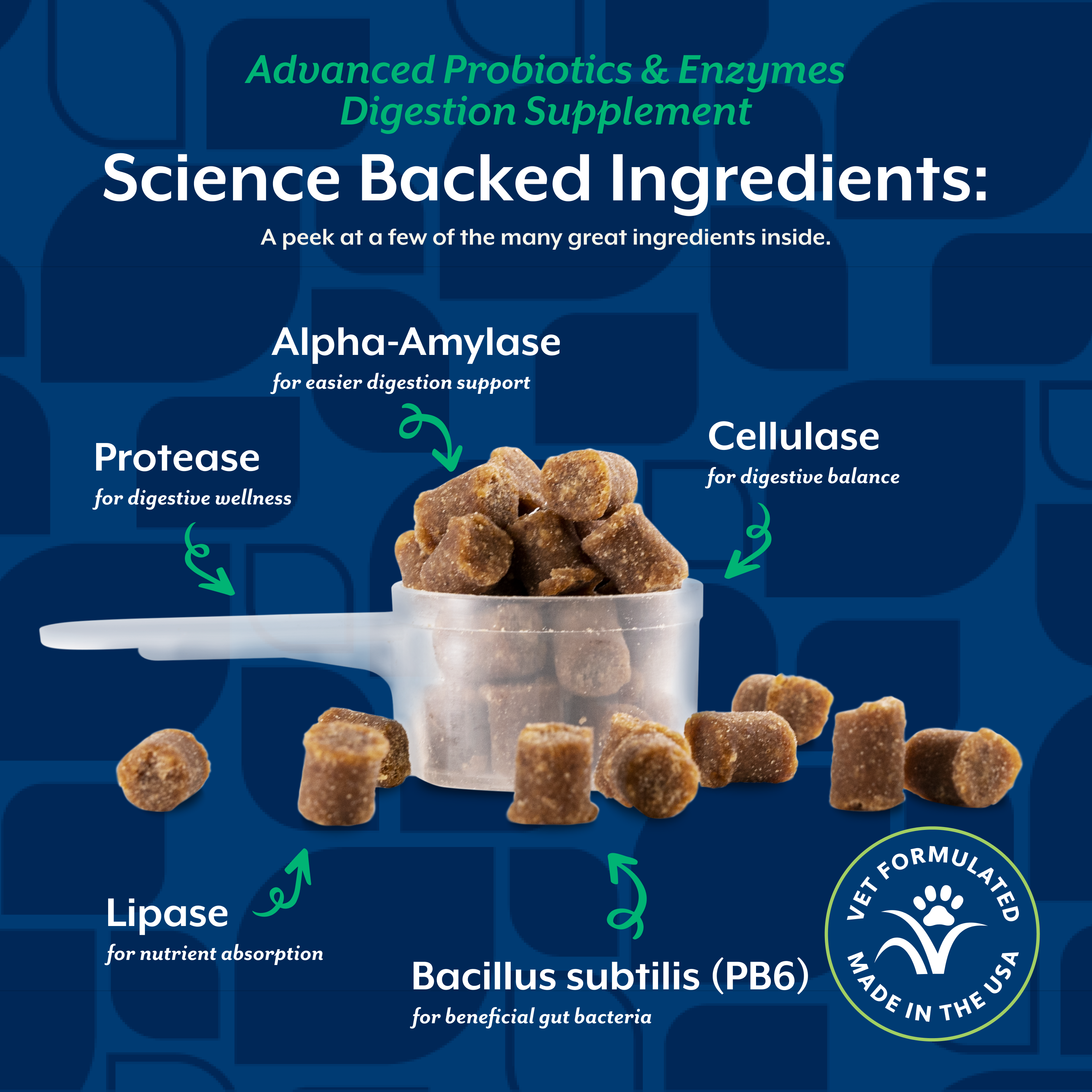 Science-backed ingredient panel for NaturVet Advanced Probiotics & Enzymes Scoopable Tiny Bites