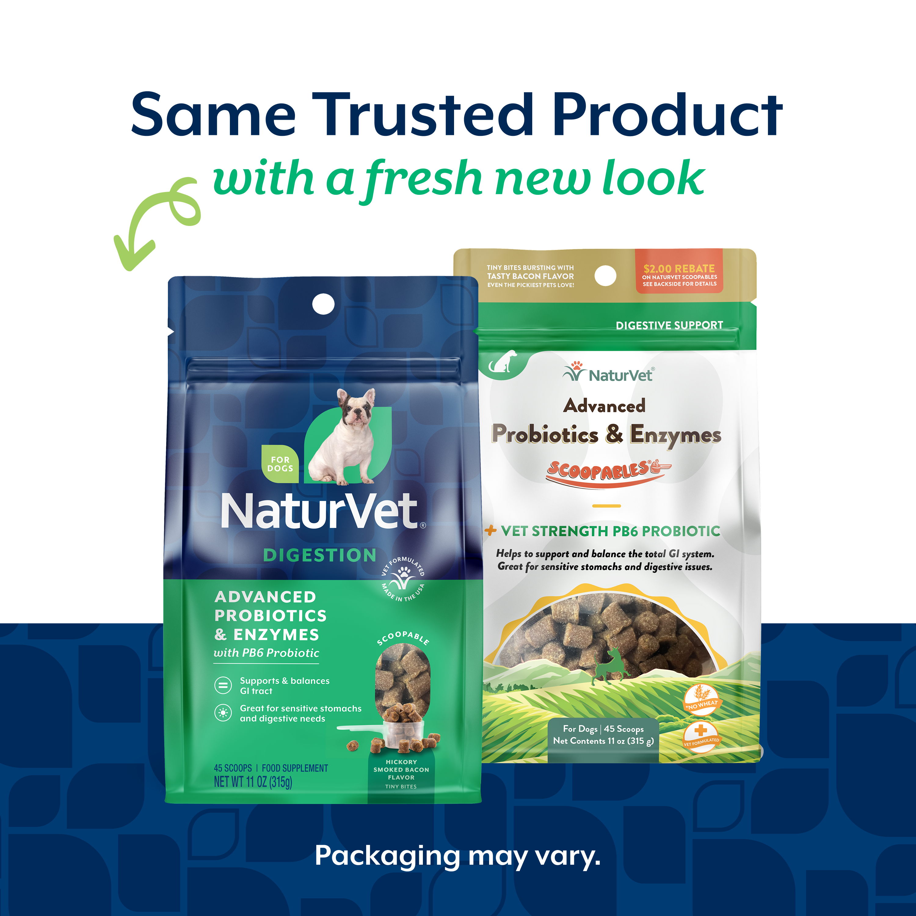 Same trusted NaturVet Advanced Probiotics & Enzymes Scoopable Tiny Bites formula in refreshed NaturVet packaging, old bag and new bag side by side