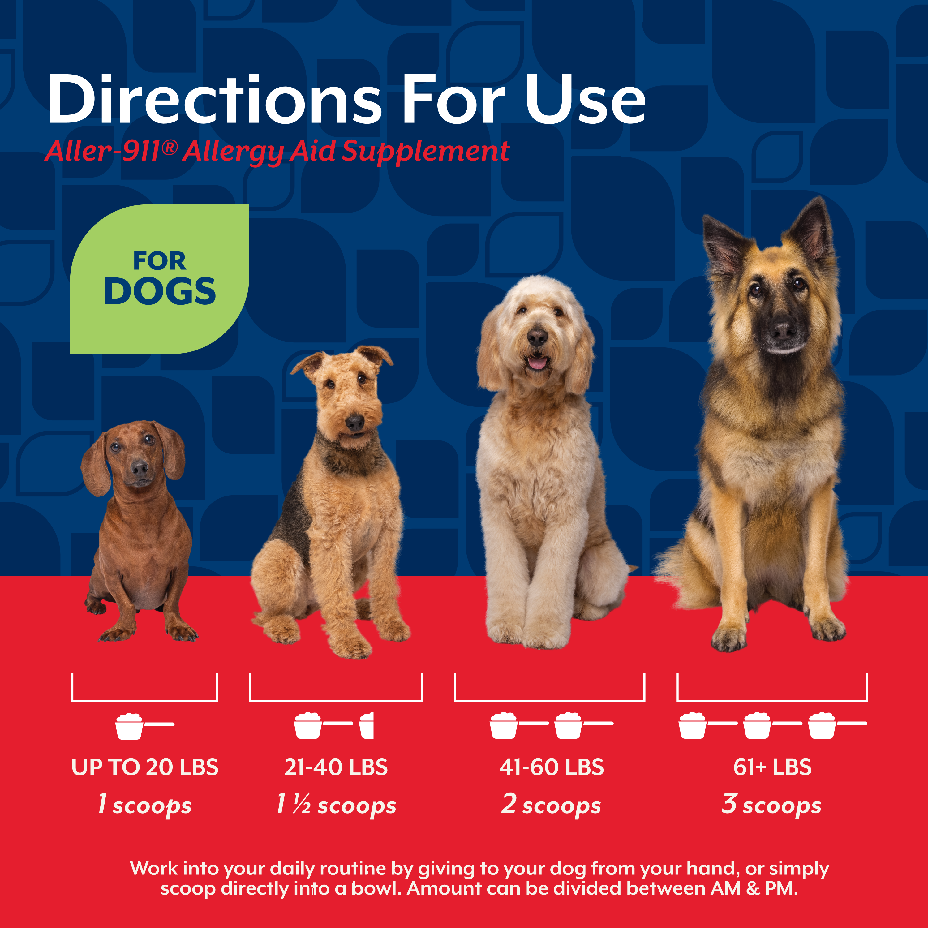 Feeding directions chart by dog weight for NaturVet Aller-911 Allergy Aid Scoopable Tiny Bites