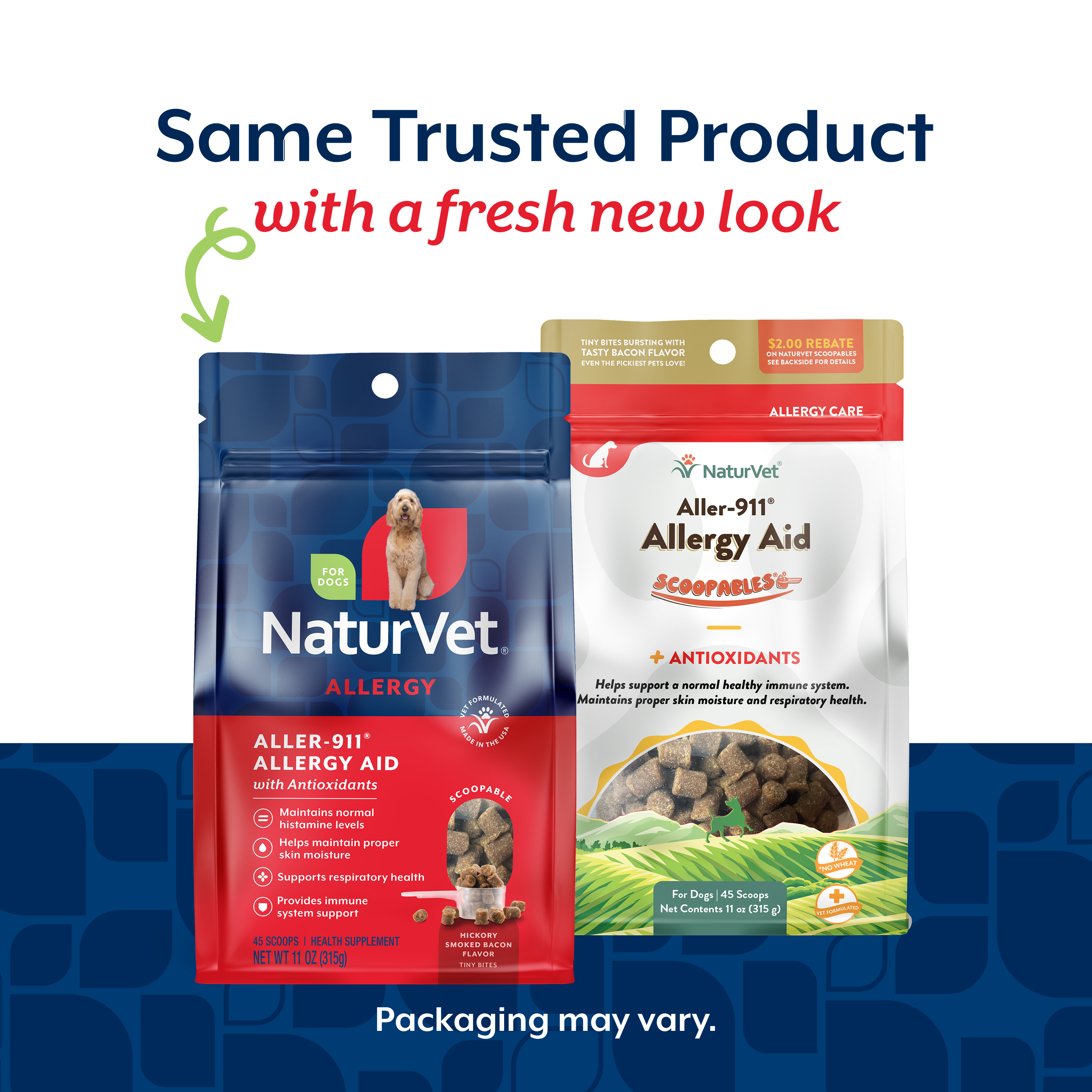 Same trusted NaturVet Aller-911 Allergy Aid Scoopable Tiny Bites formula in refreshed NaturVet packaging, old bag and new bag side by side