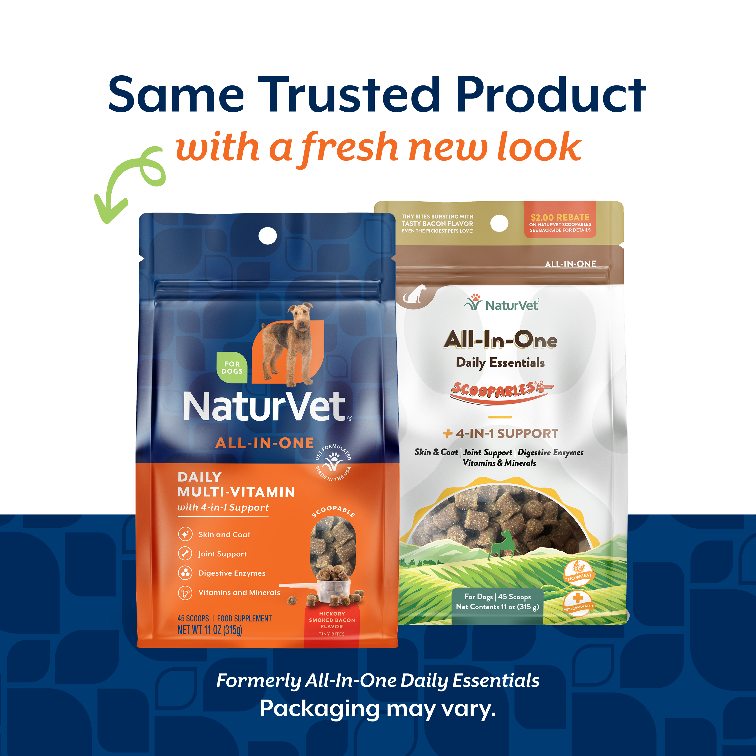 Same trusted NaturVet Daily Multi-Vitamin Scoopable Tiny Bites formula in refreshed NaturVet packaging, old bag and new bag side by side