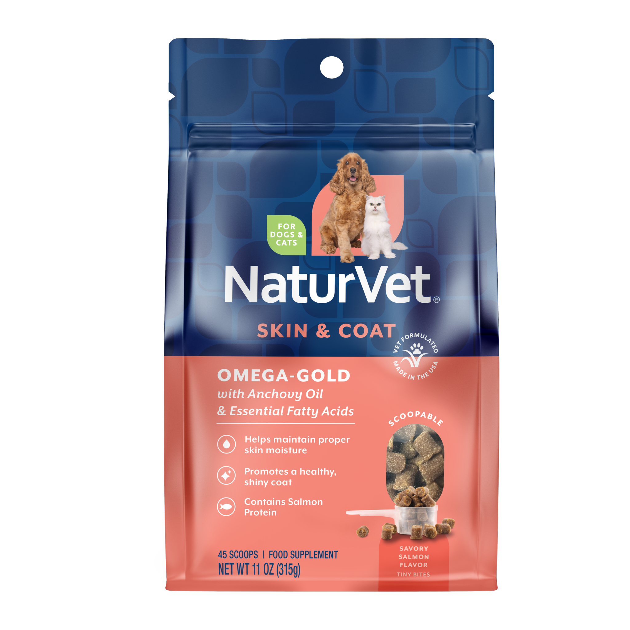 NaturVet Omega-Gold Skin & Coat Scoopable Tiny Bites for Dogs and Cats, 11 oz bag, front #Per Unit