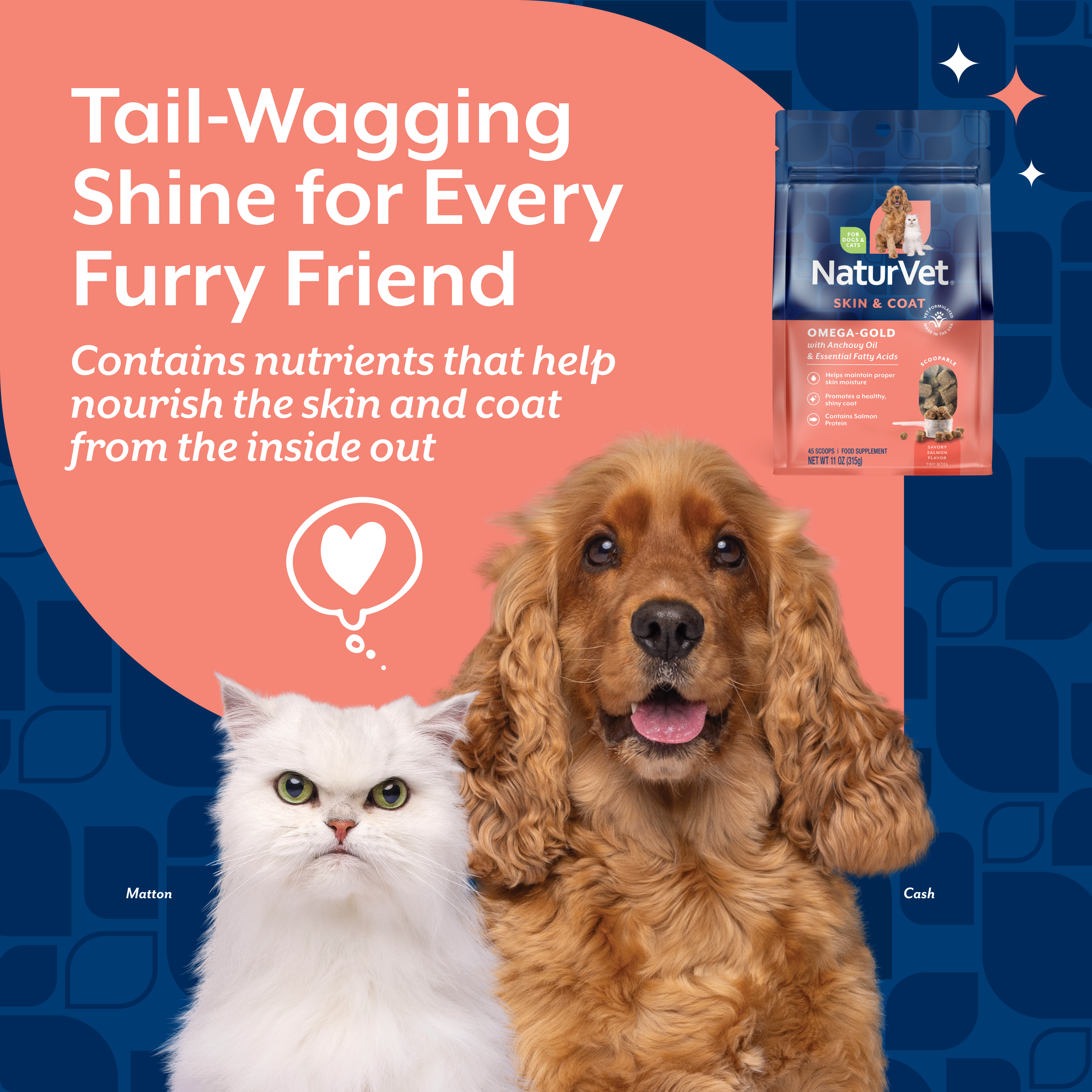 Benefit overview panel for NaturVet Omega-Gold Skin & Coat Scoopable Tiny Bites for Dogs and Cats