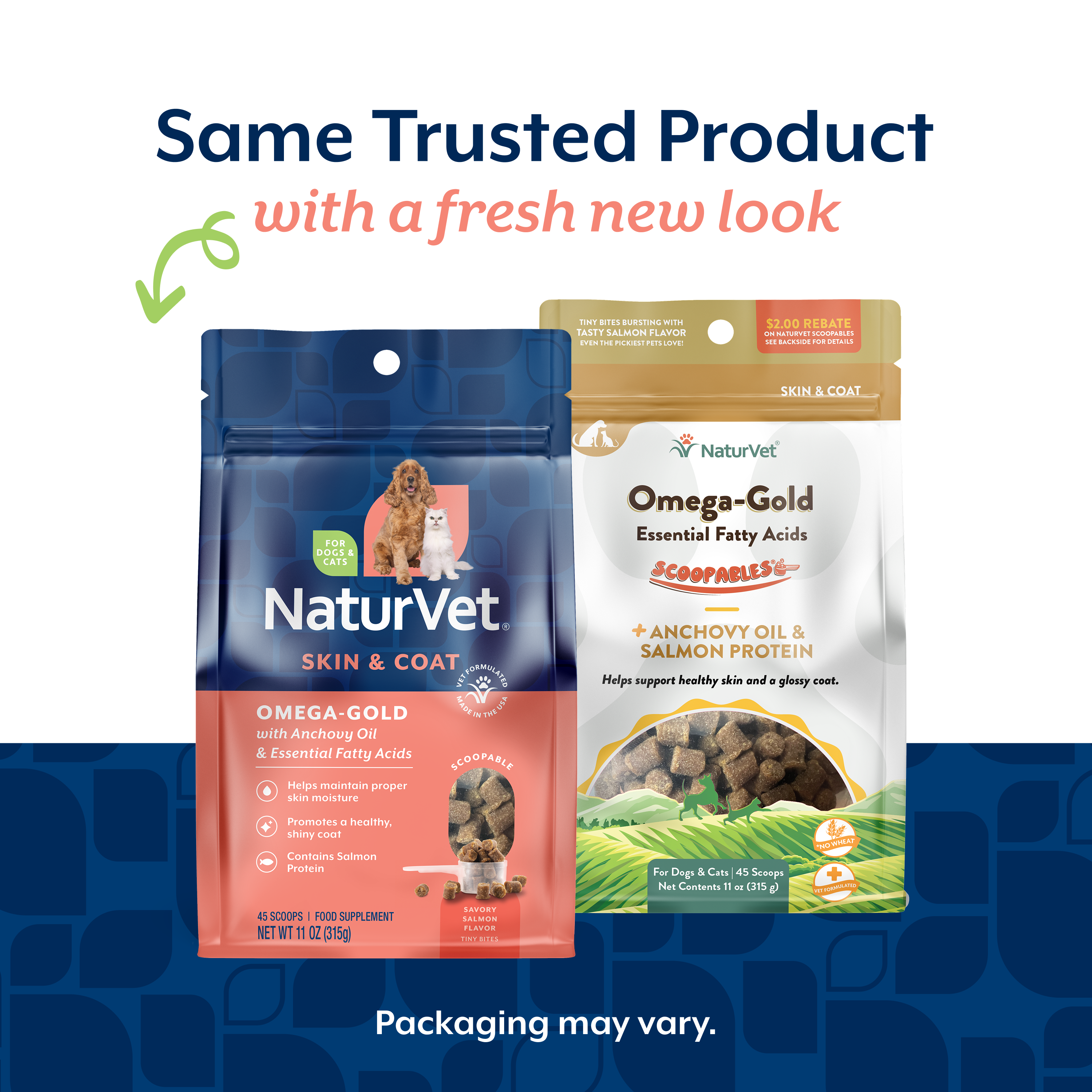 Same trusted NaturVet Omega-Gold Skin & Coat Scoopable Tiny Bites for Dogs and Cats formula in refreshed NaturVet packaging, old bag and new bag side by side